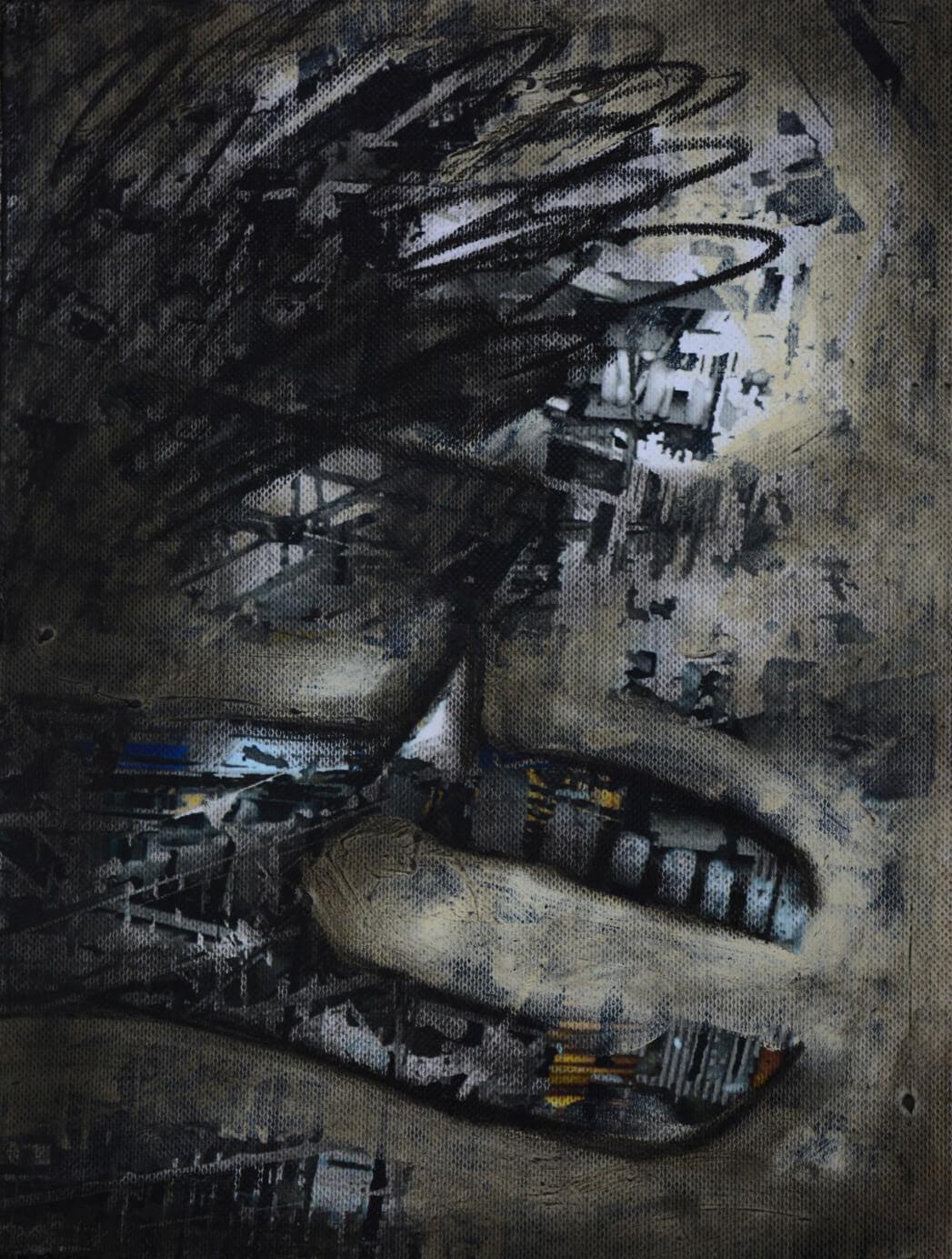 Sin Título, Abstractos, Carboncillo, Acrílico sobre Impresión Transfer Artista Indio "In Stock" - Mixed Media Art de Rajib Bhattacharjee