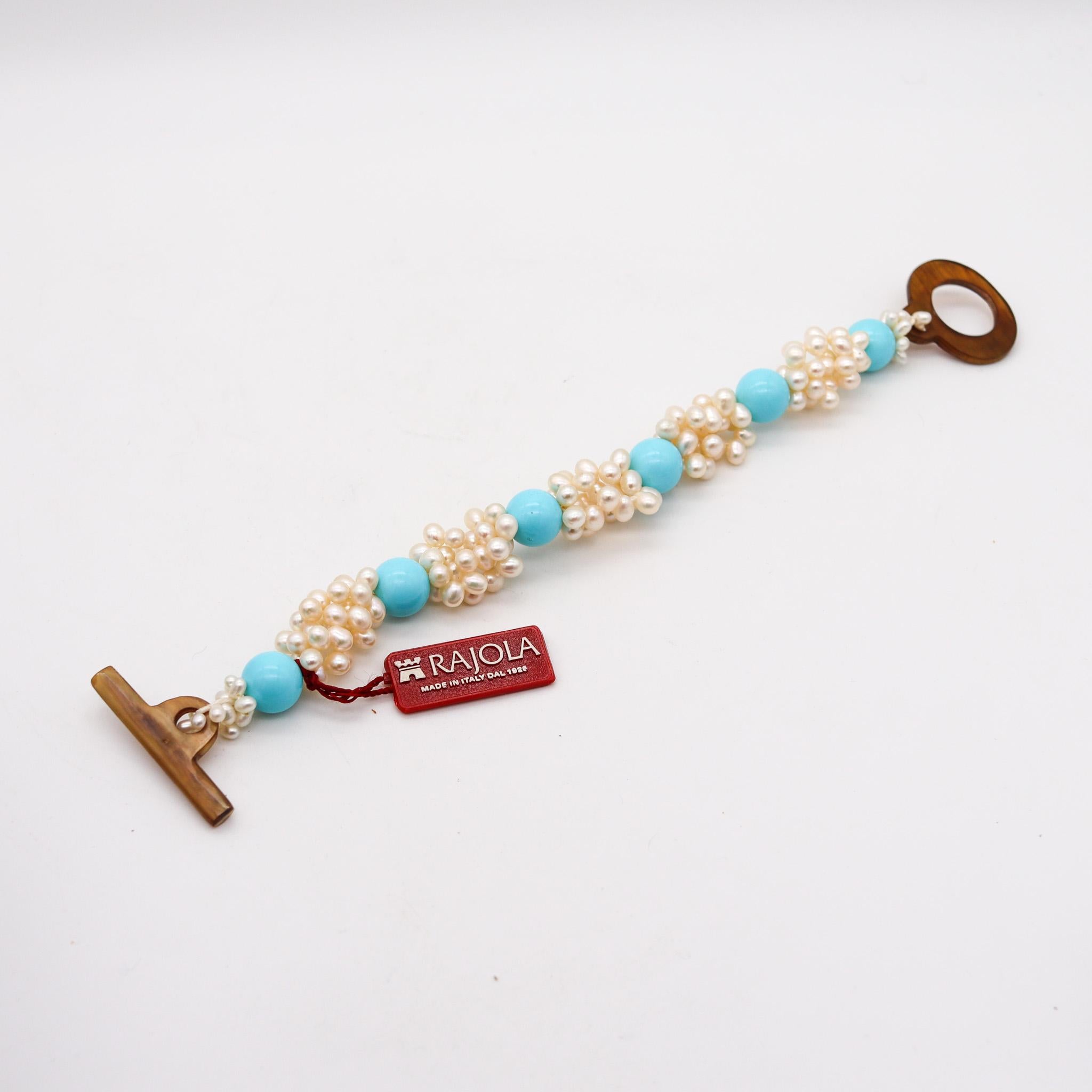 Mixed Cut Rajola Italy Contemporary Blue Turquoise Bracelet With Cultured White Pearls