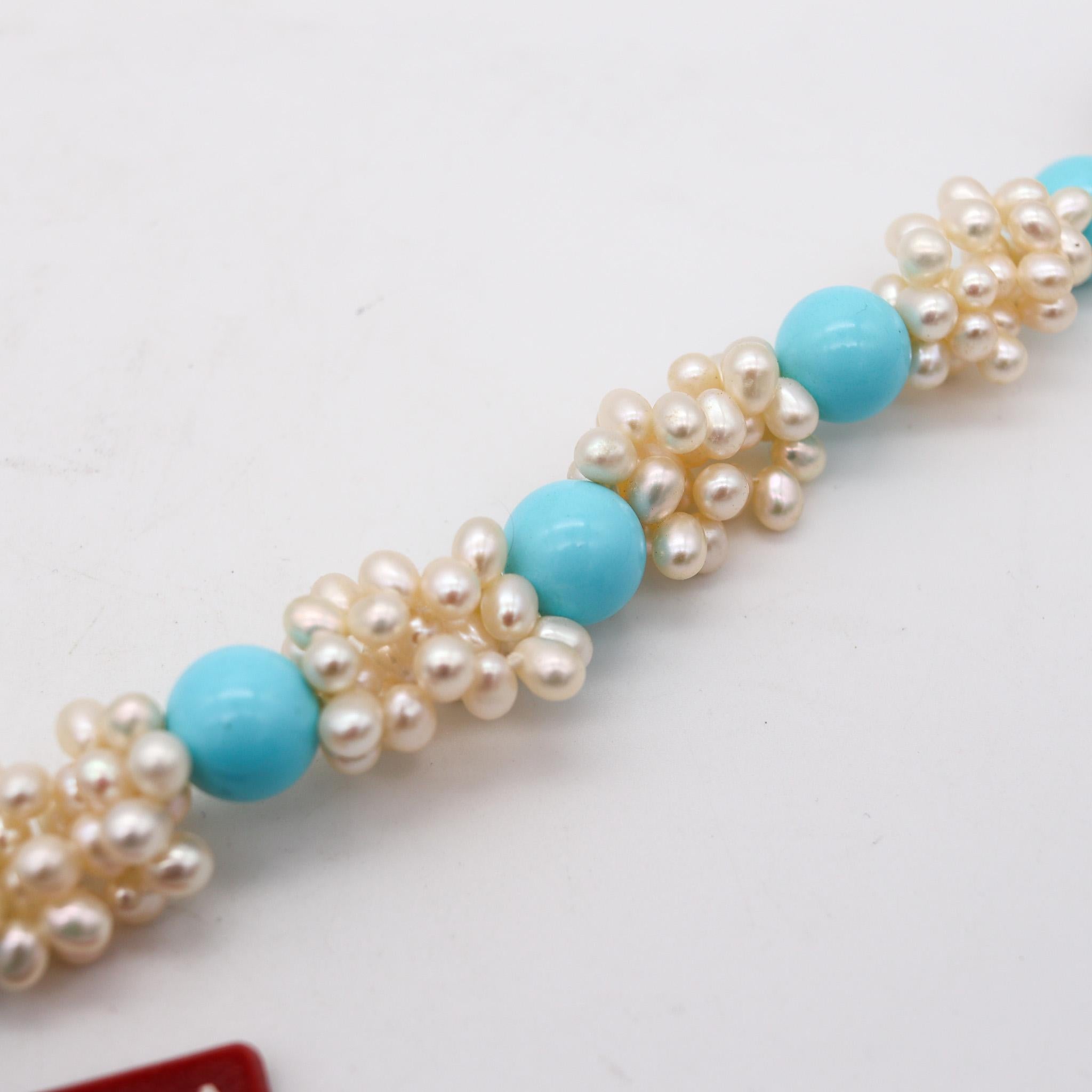Rajola Italy Contemporary Blue Turquoise Bracelet With Cultured White Pearls In Excellent Condition In Miami, FL