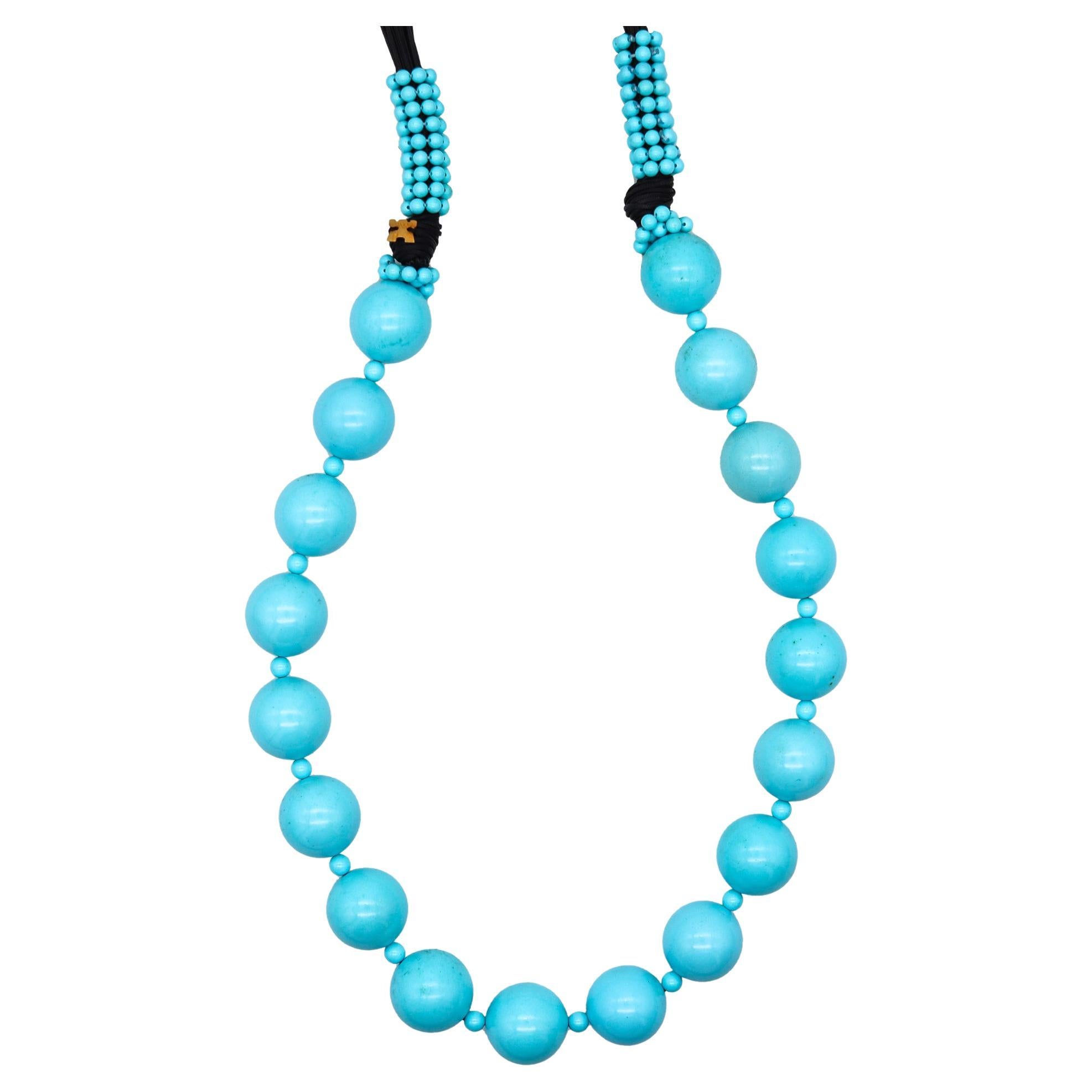 Rajola Italy Long Sautoir Necklace With Blue Turquoises Round Beads