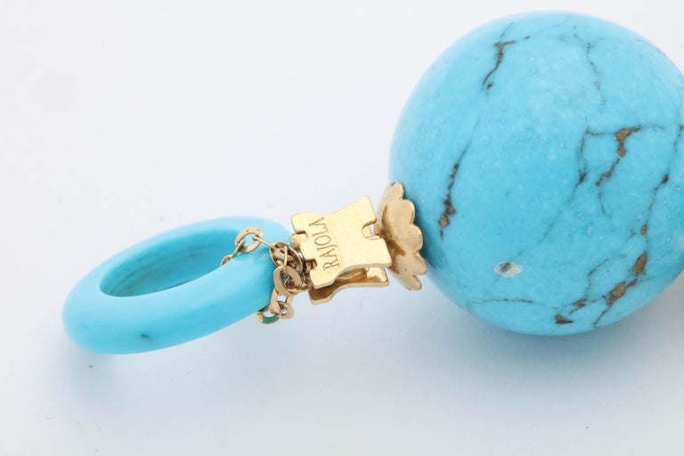 Rajola Jewelers 1980s Turquoise Double Disc Geometric Gold Pendant