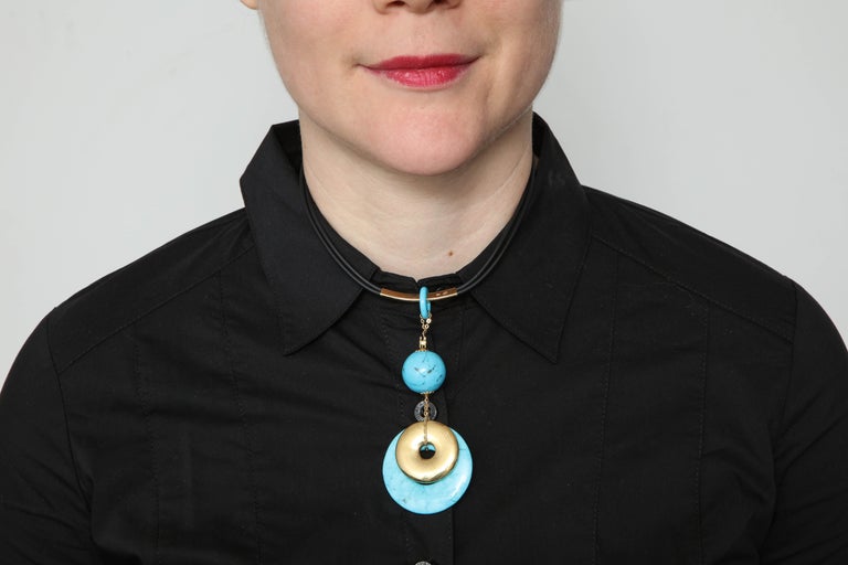 Rajola Jewelers 1980s Turquoise Double Disc Geometric Gold Pendant