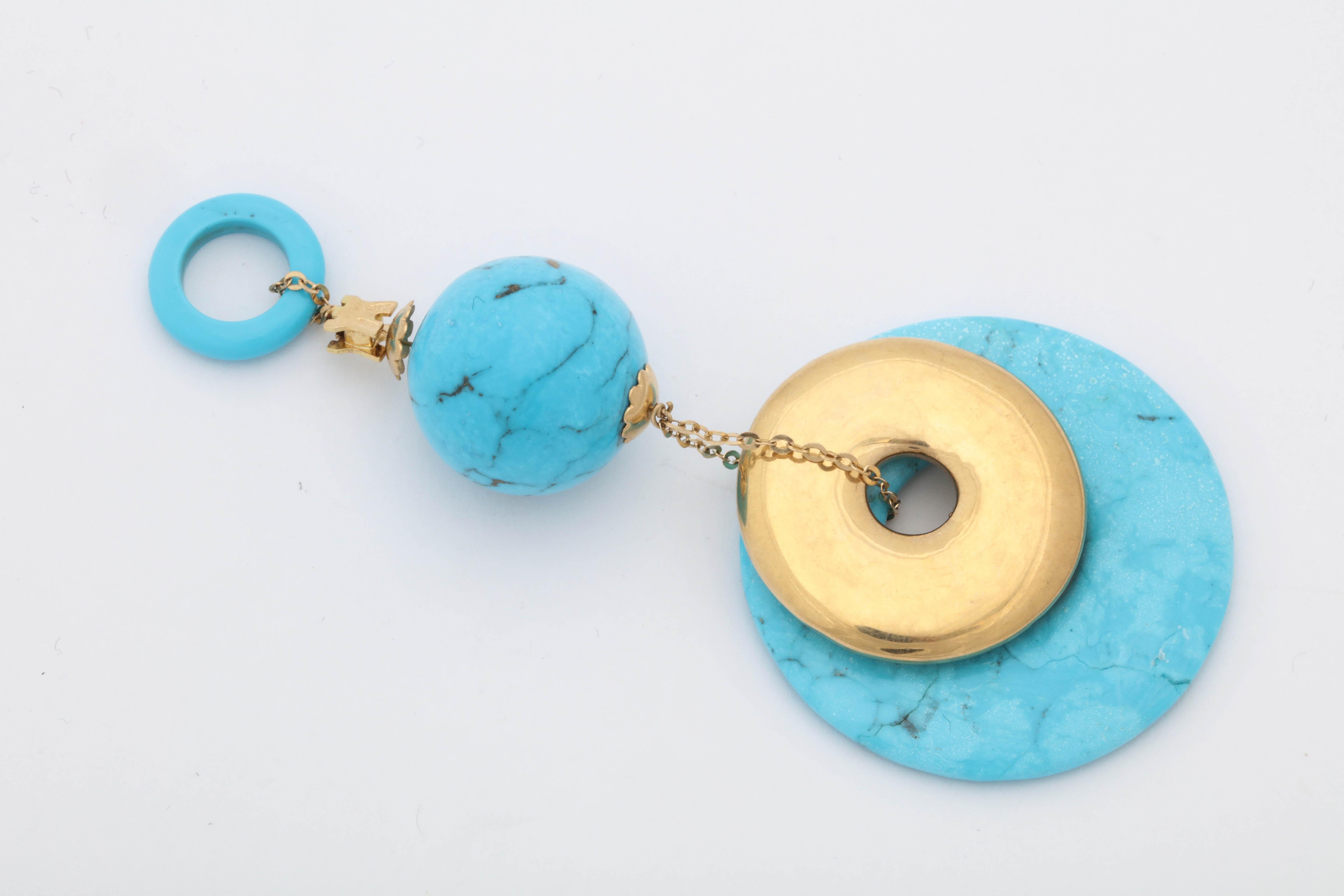 One 18kt Yellow Gold Geometric Double Disc Pendant Necklace Created By Rajola Jewelers Italy. Fabulous 60's Look Created In The 1980's. Very Geometric Design in Natural Turquoise Pieces.