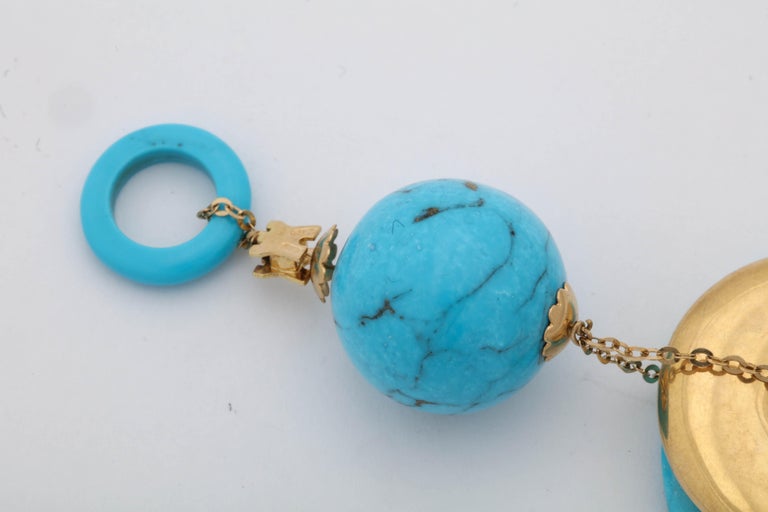 Rajola Jewelers 1980s Turquoise Double Disc Geometric Gold Pendant