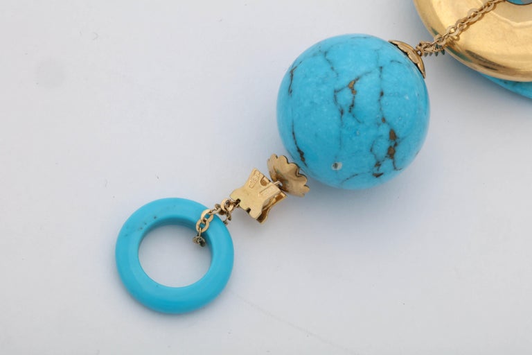 Rajola Jewelers 1980s Turquoise Double Disc Geometric Gold Pendant