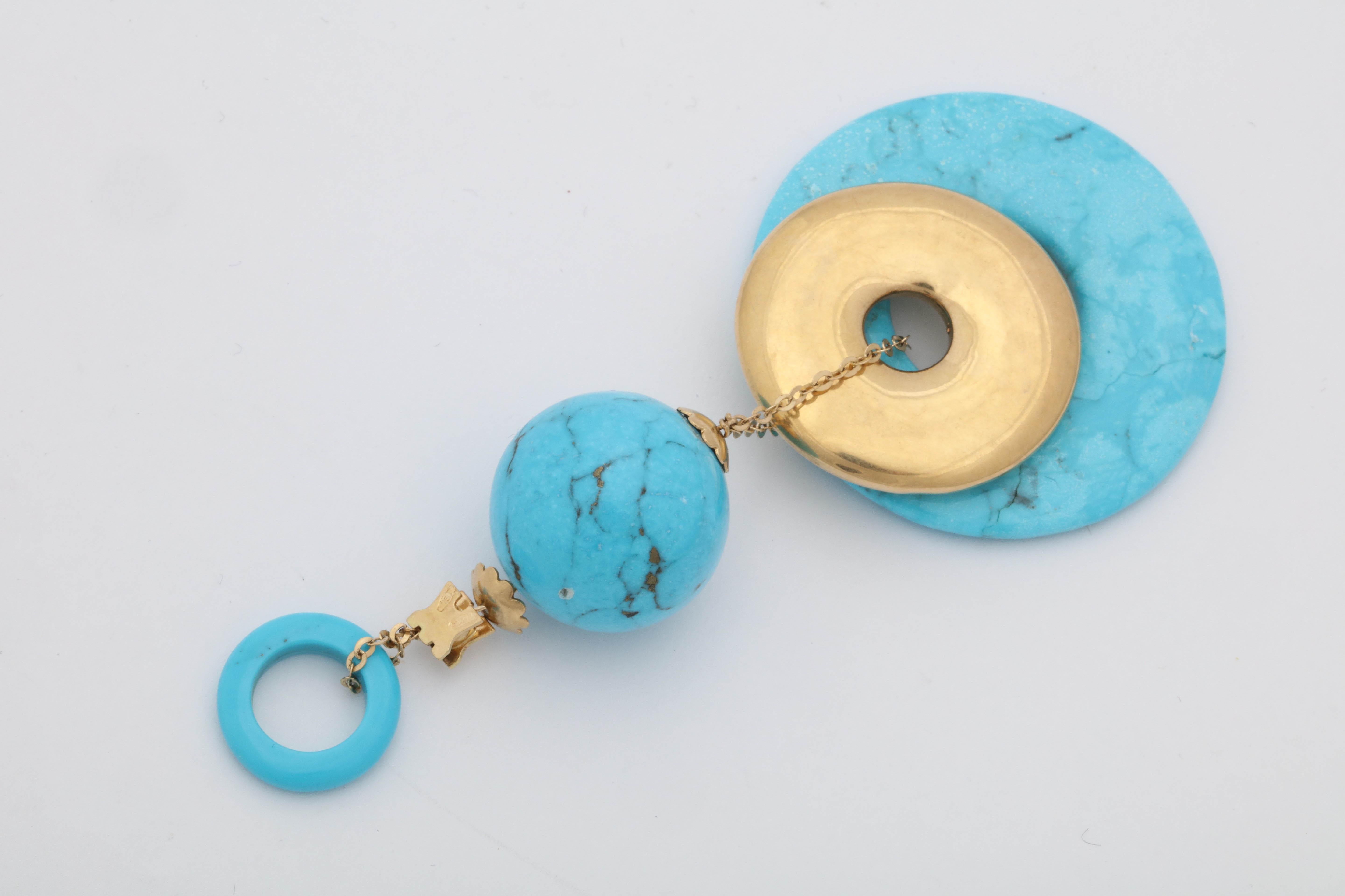 Rajola Jewelers 1980s Turquoise Double Disc Geometric Gold Pendant Necklace In Good Condition For Sale In New York, NY