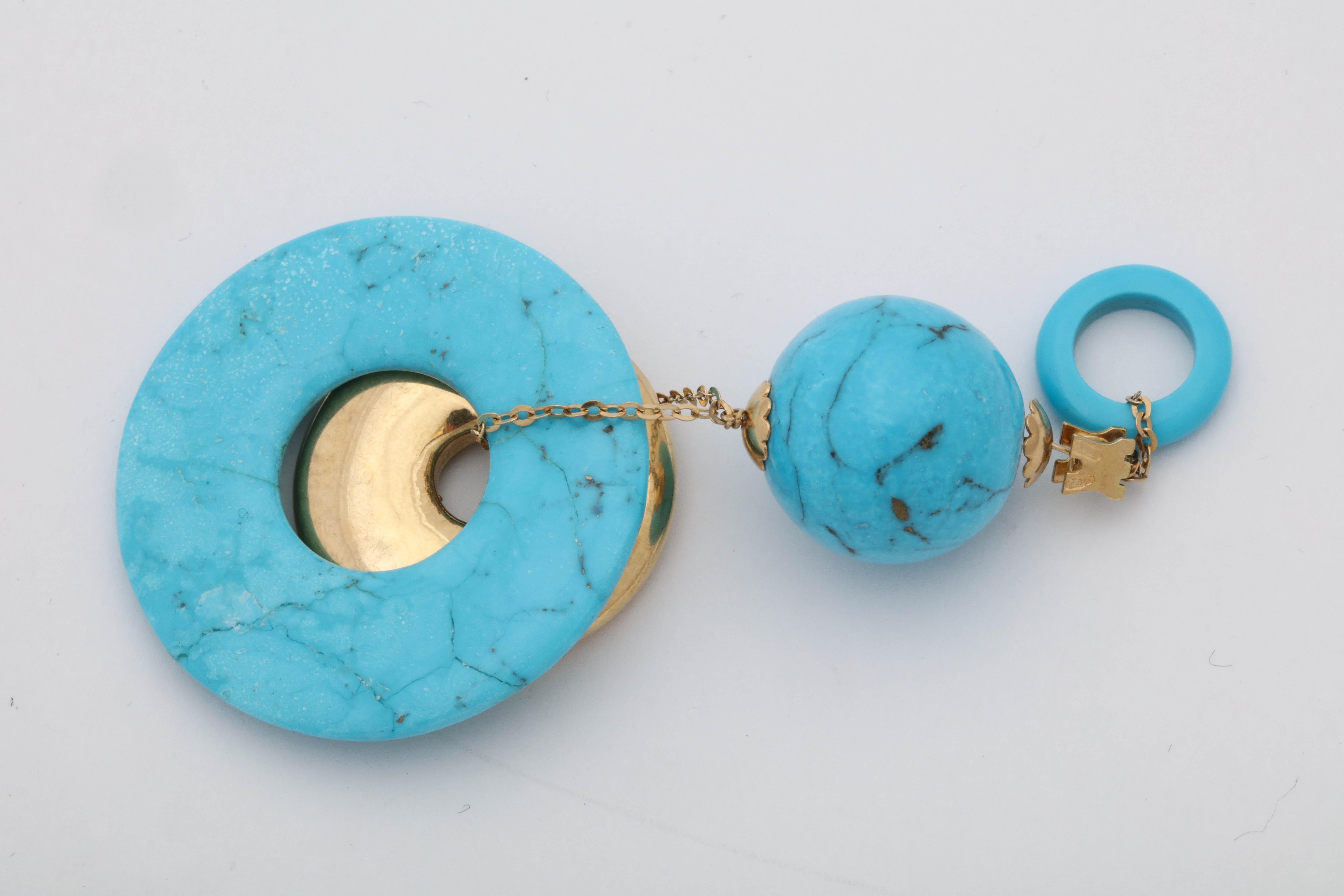 Women's Rajola Jewelers 1980s Turquoise Double Disc Geometric Gold Pendant Necklace For Sale