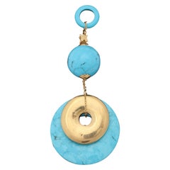 Vintage Rajola Jewelers 1980s Turquoise Double Disc Geometric Gold Pendant Necklace