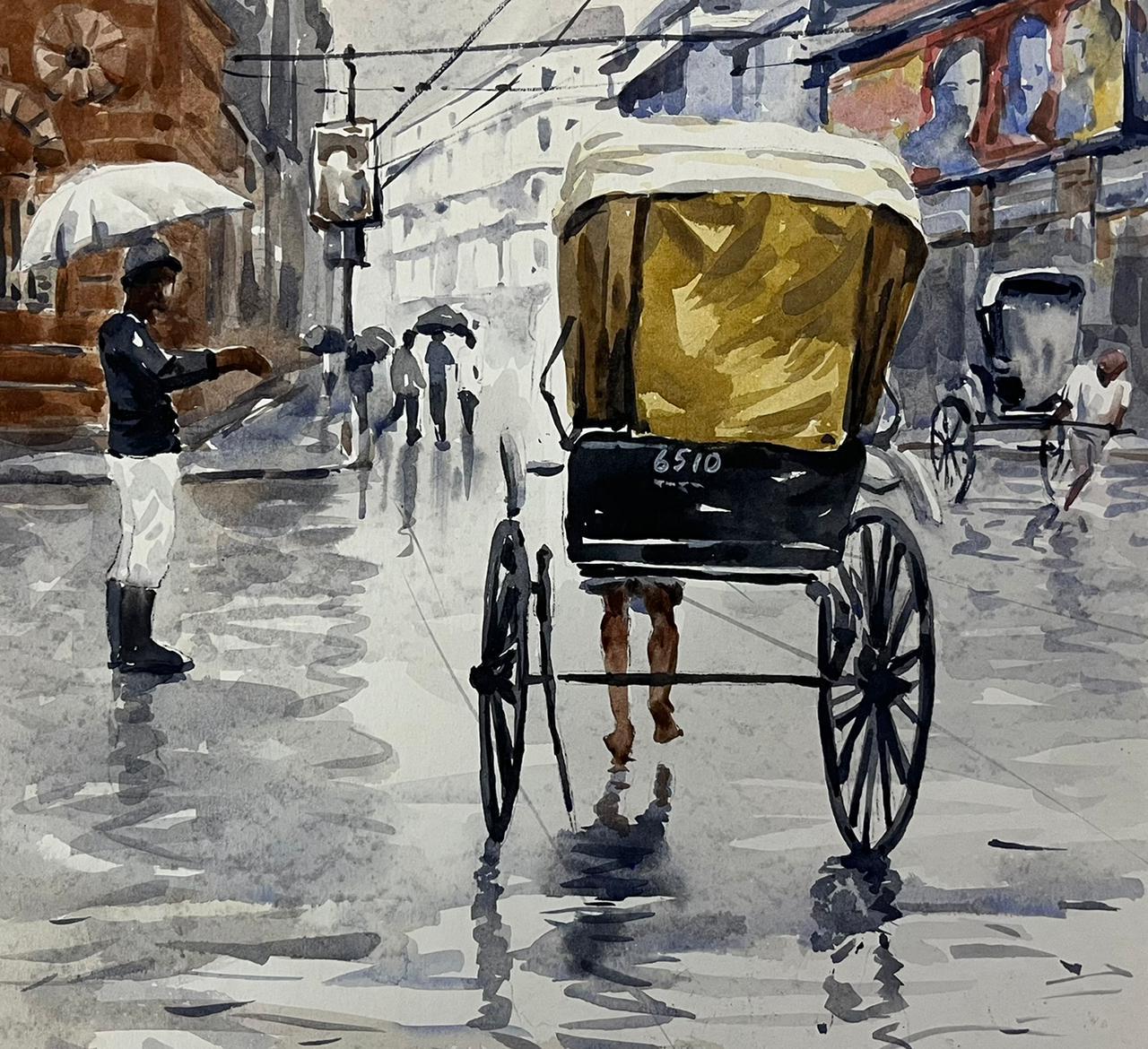 Raju Sarkar Figurative Painting - Kolkata city, (Set Of 4) Watercolour on Paper by Contemporary Artist “In Stock”