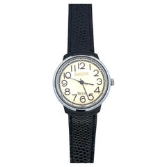 Raketa Silver Steel Case Vintage Watch with Black Leather Strap