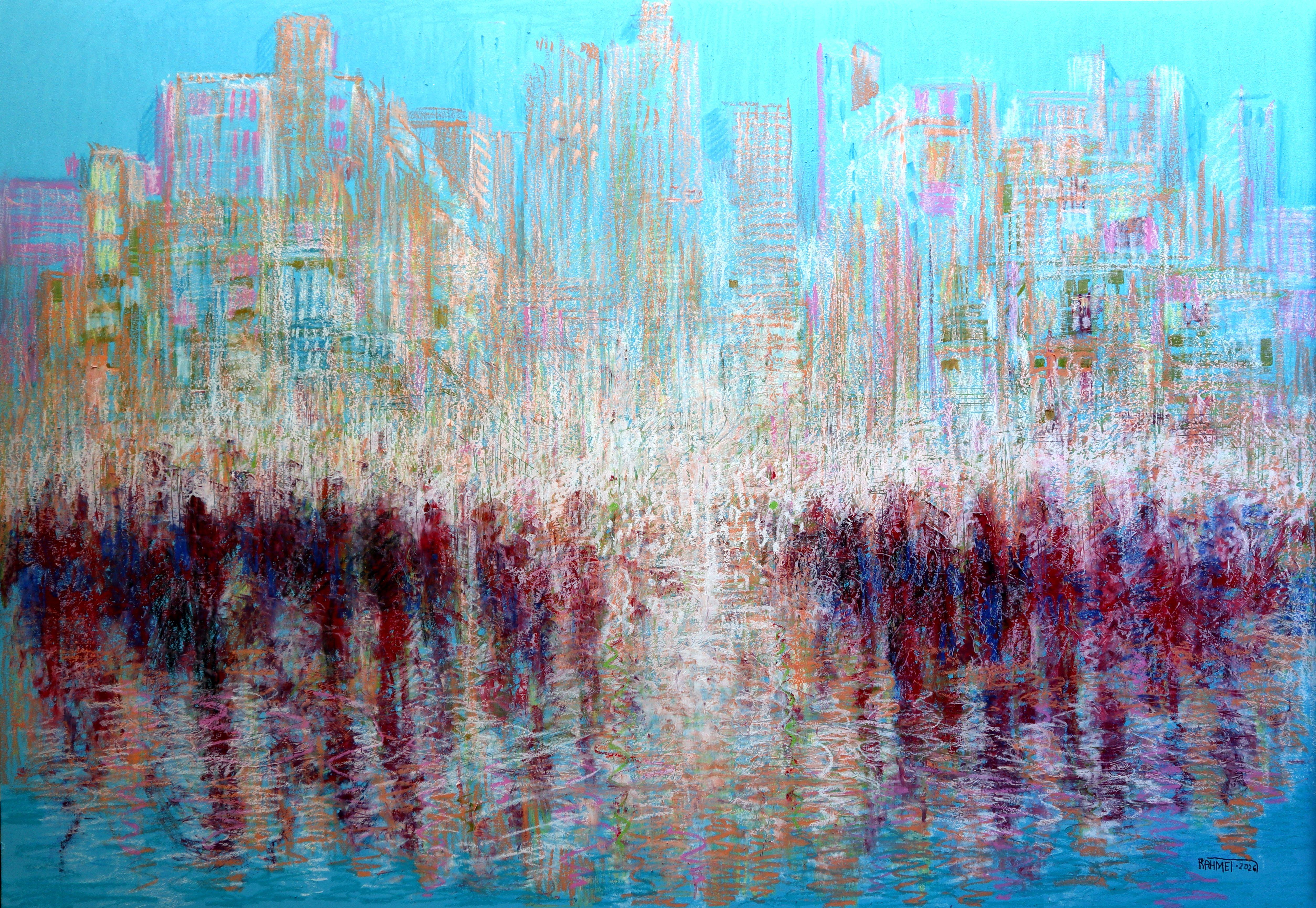RAKHMET REDZHEPOV (RAMZI) Landscape Painting - City Rain : Very Thick paper, oil pastel, 70x100cm.