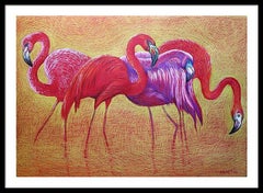Flamingo auf Gold – Blazing Gradie: Sehr dickes Papier, Ölpastell, 70 × 100 cm.
