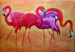 Flamingo auf Gold – Blazing Gradie: Sehr dickes Papier, Ölpastell, 70 × 100 cm.
