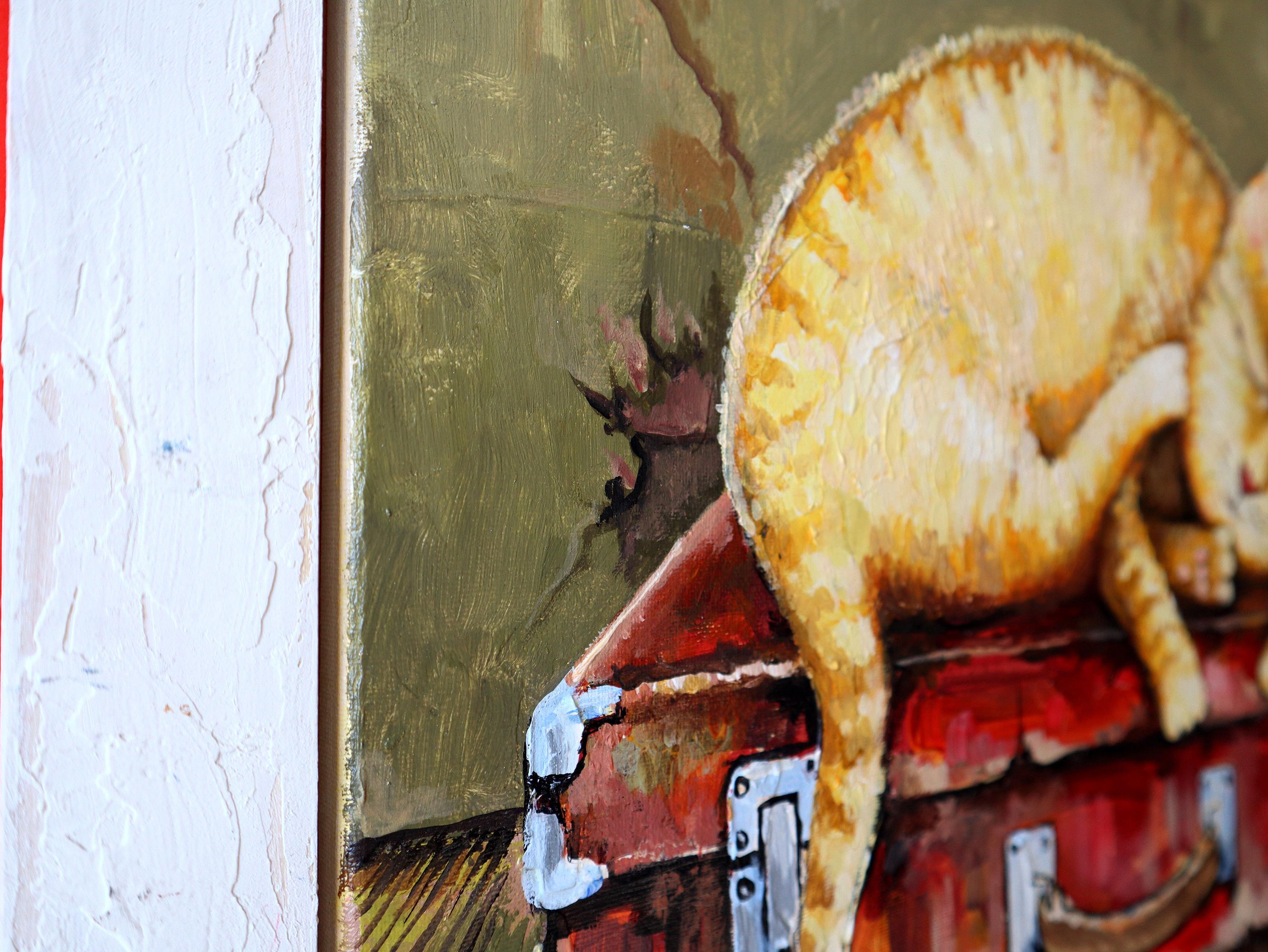 Nel creare questo pezzo, ho riversato la mia anima nel catturare il sonno sereno di un gatto rosso in cima a una vecchia valigia. Il vibrante acrilico e la ricca pittura a olio si fondono armoniosamente, evocando nostalgia e calore, incarnando lo