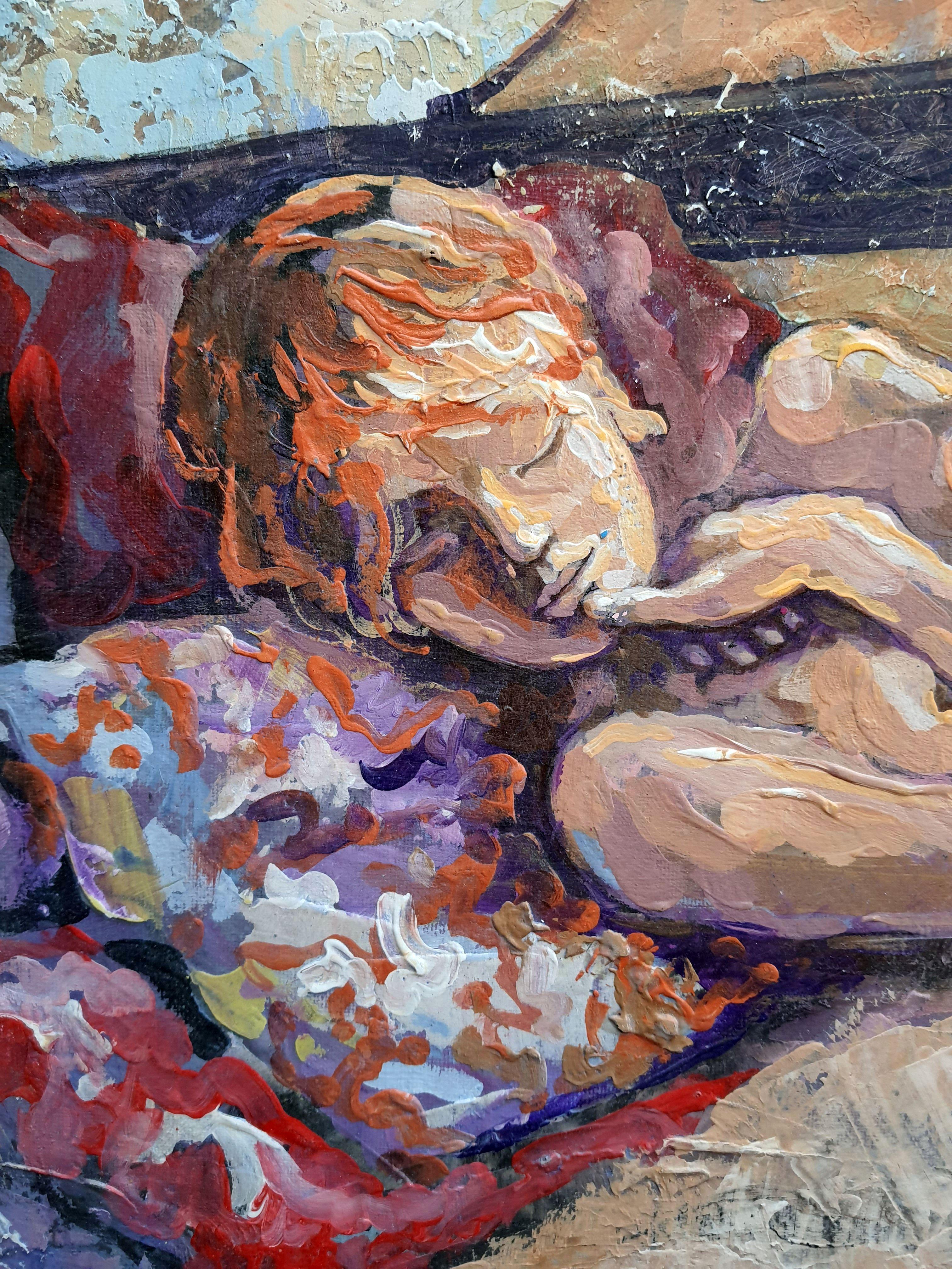 Dans cette peinture, j'ai cherché à mélanger les douces courbes d'une figure allongée avec la forme audacieuse et résonnante d'un Cello, symbolisant l'intégration de la vulnérabilité humaine et le pouvoir de l'expression musicale. À l'aide