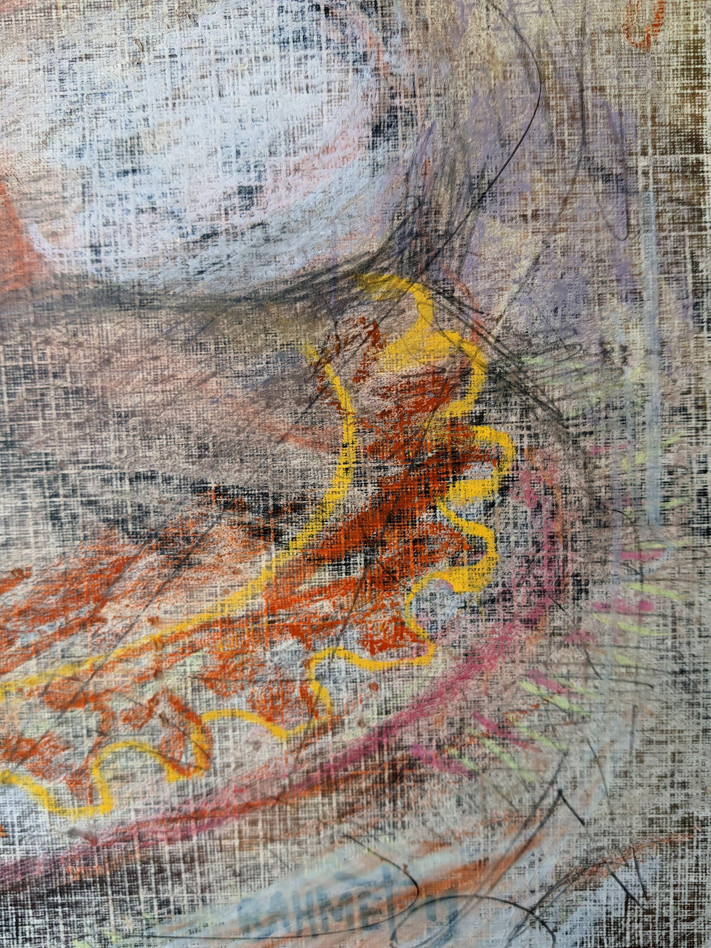Nel creare quest'opera, mi sono immerso nella fusione tra realismo e surrealismo; volevo catturare la cruda essenza del soggetto avvolgendolo in un'aura onirica. Pastelli, matite e grafite hanno danzato sulla tela, evocando un mondo strutturato in
