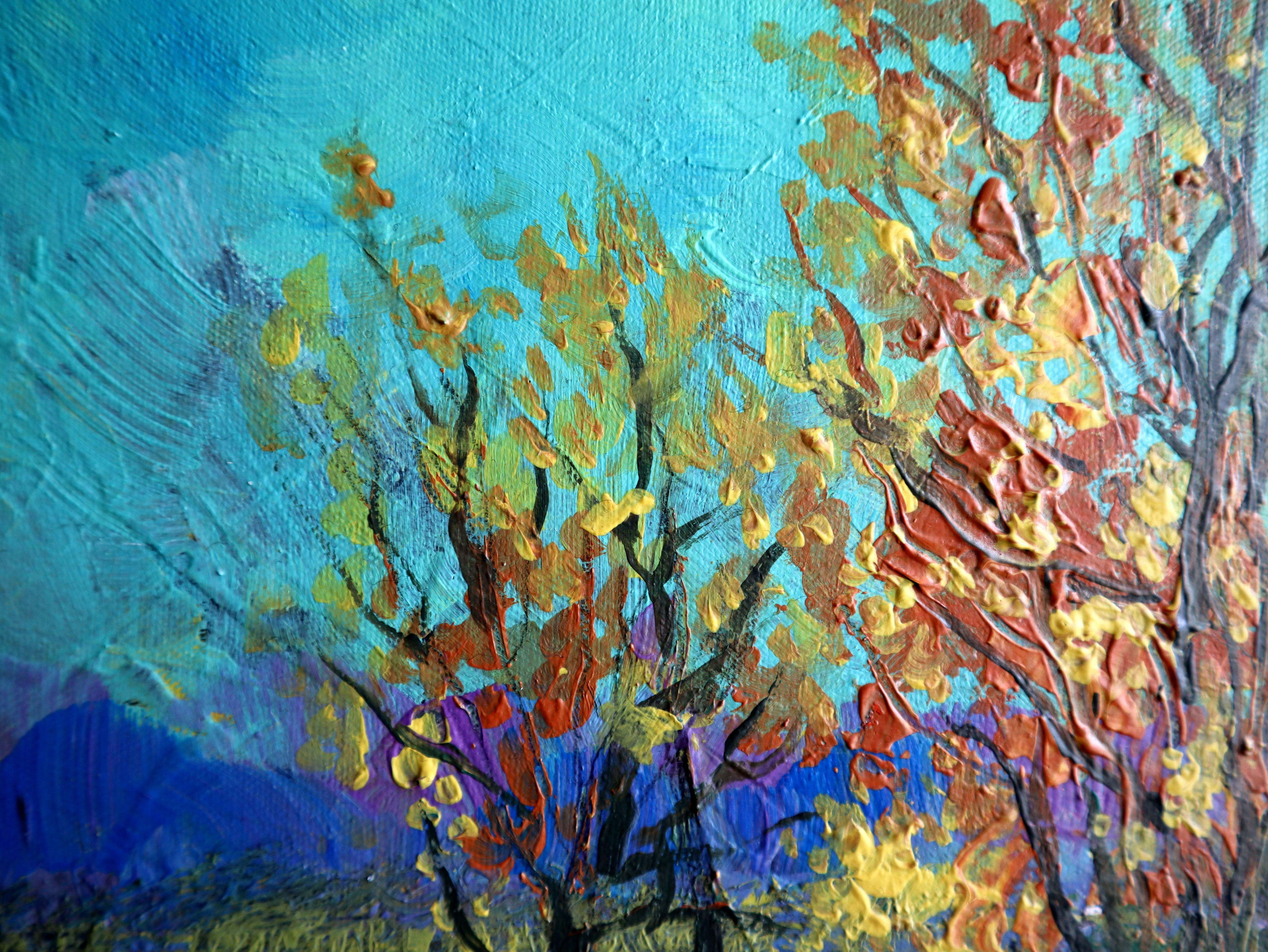 In this passionate swell of colors, where acrylic meets oil, I've translated the essence of a serene glade amidst autumn's embrace. The fervor of expressionism and the soft whisper of impressionism collide, crafting a landscape alive with texture