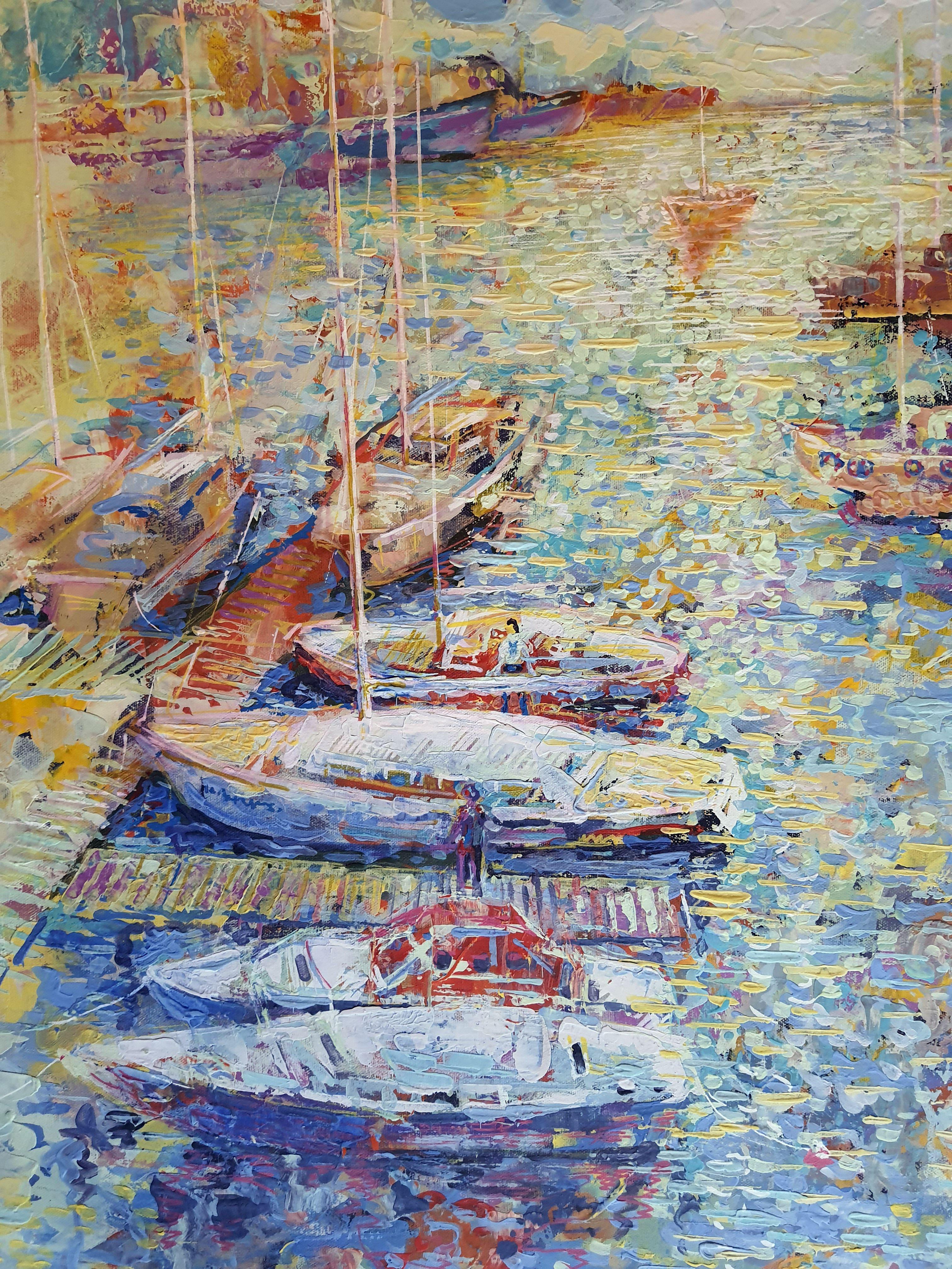 In this painting, I've passionately blended acrylic and oil to capture a serene harbor at the cusp of fall. The essence of expressionism and impressionism dance across the canvas, portraying the gentle sway of boats and the vibrant reflection of