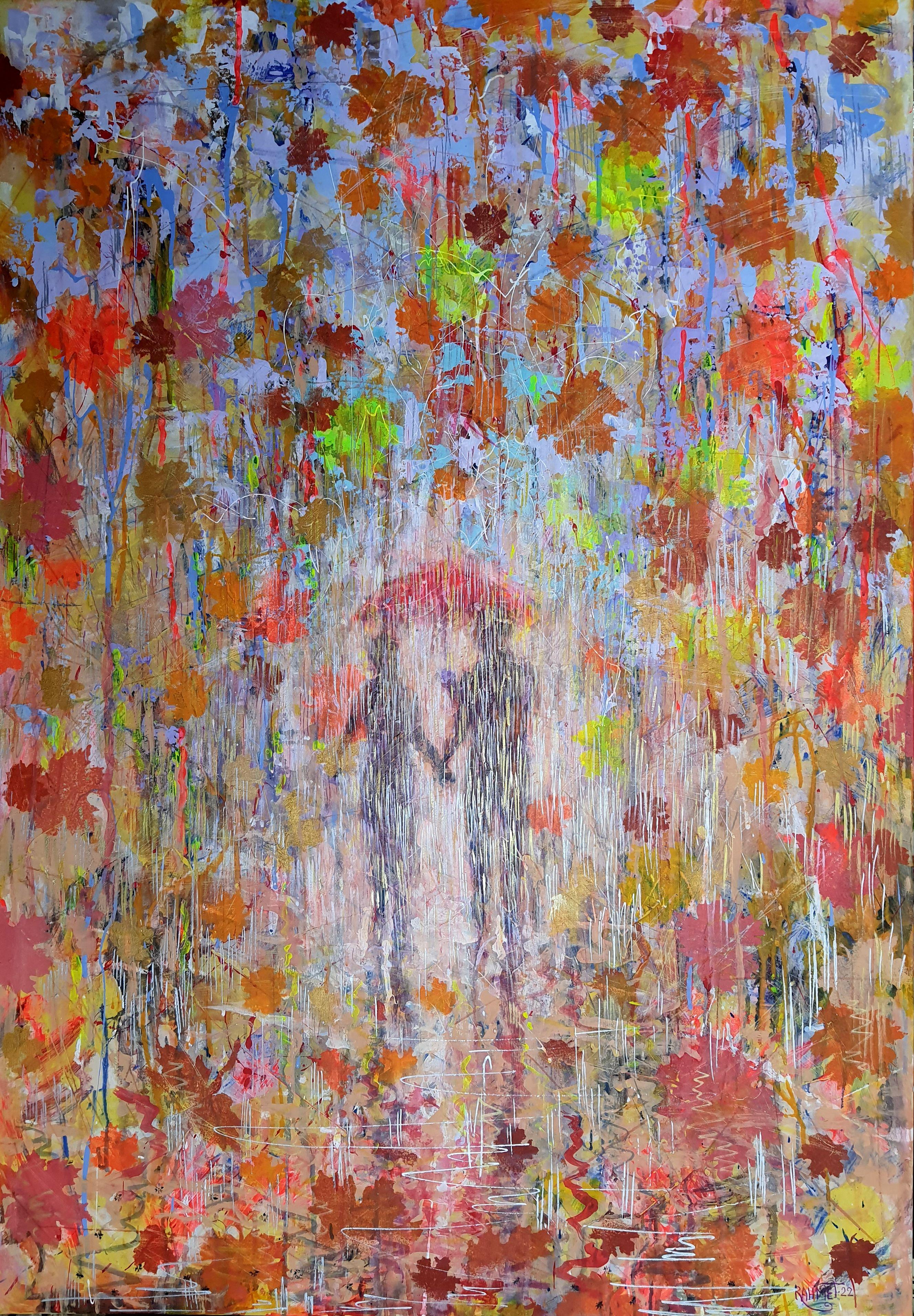In my artwork, I embraced the raw emotions of a fleeting autumn romance under the rain. The vibrant acrylic and oil hues blend in an impressionistic dance, capturing the ephemeral, heart-tugging moment two souls share an umbrella. This piece