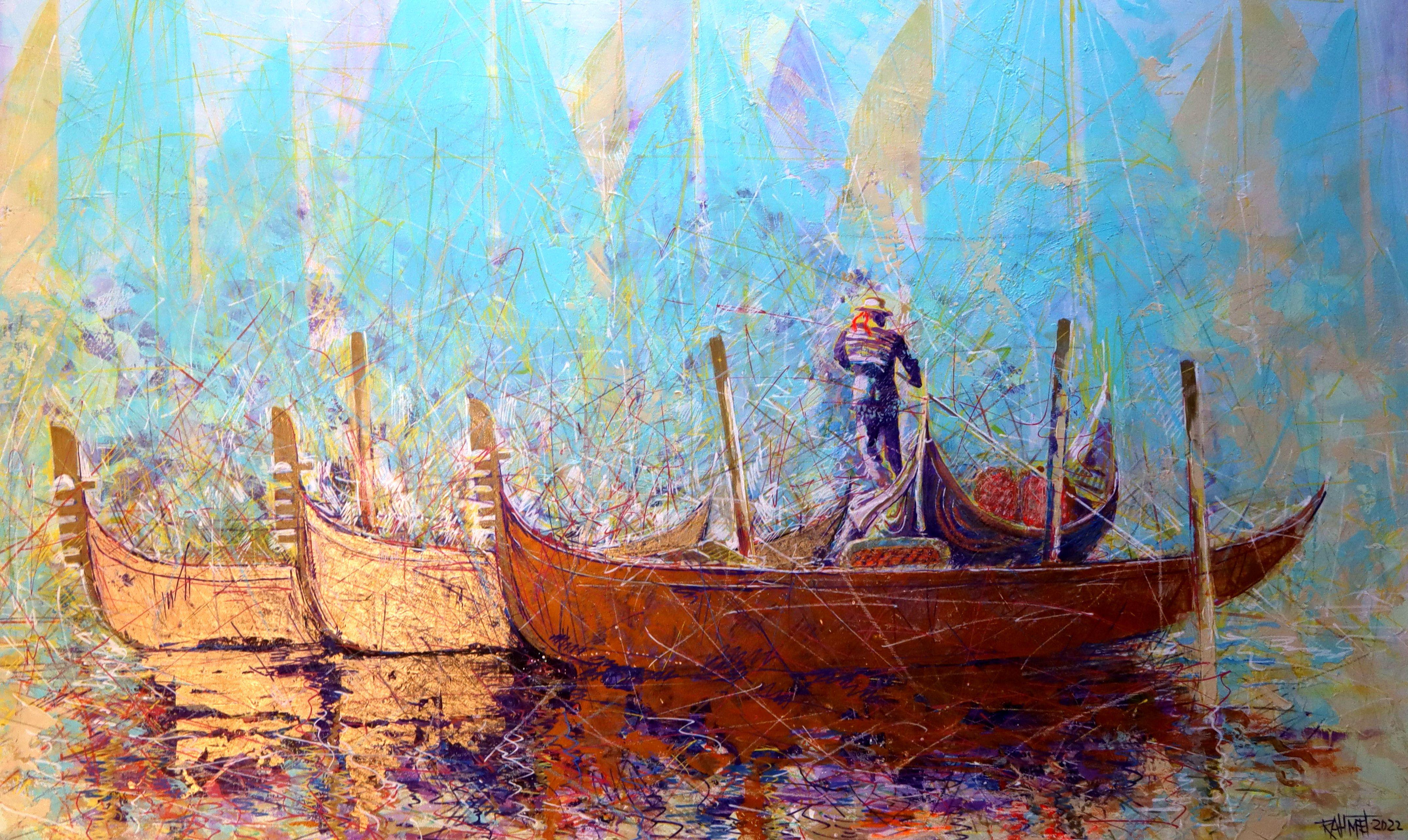 In this emotive piece, I've blended acrylics, oils, and pastels to evoke the serene beauty of a Venetian scene. Expressionist vigor meets Impressionist harmony as ethereal sails intersect with the tangible grace of the boats. It's a dance of light