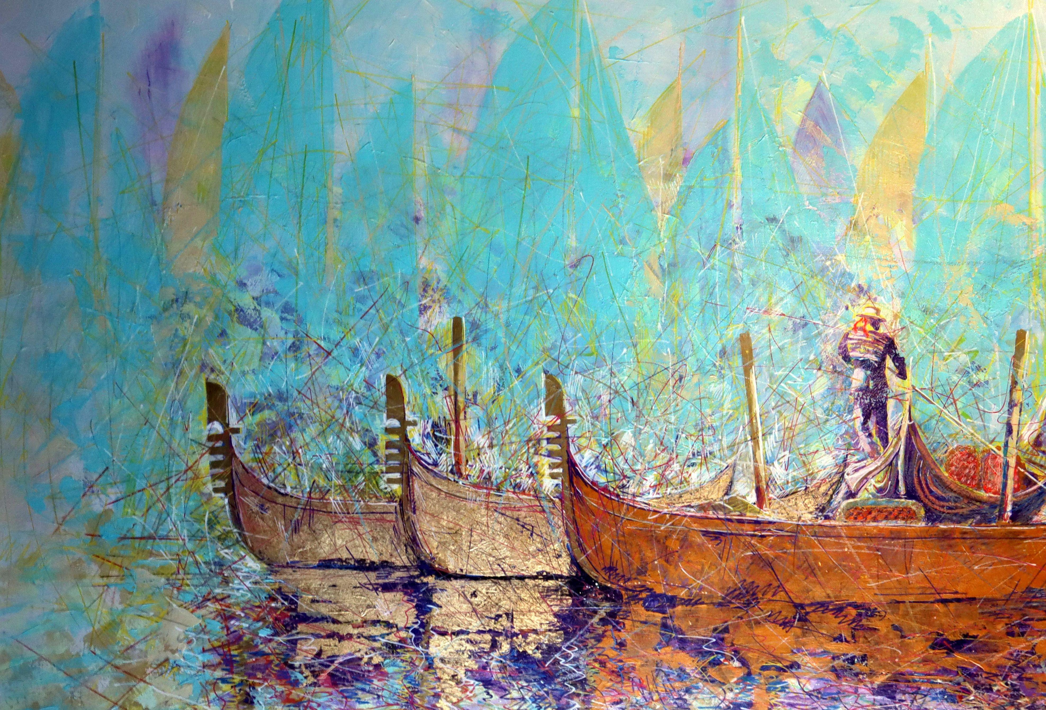 In diesem gefühlvollen Werk habe ich Acryl-, Öl- und Pastellfarben gemischt, um die ruhige Schönheit einer venezianischen Szene darzustellen. Expressionistischer Schwung trifft auf impressionistische Harmonie, wenn sich ätherische Segel mit der