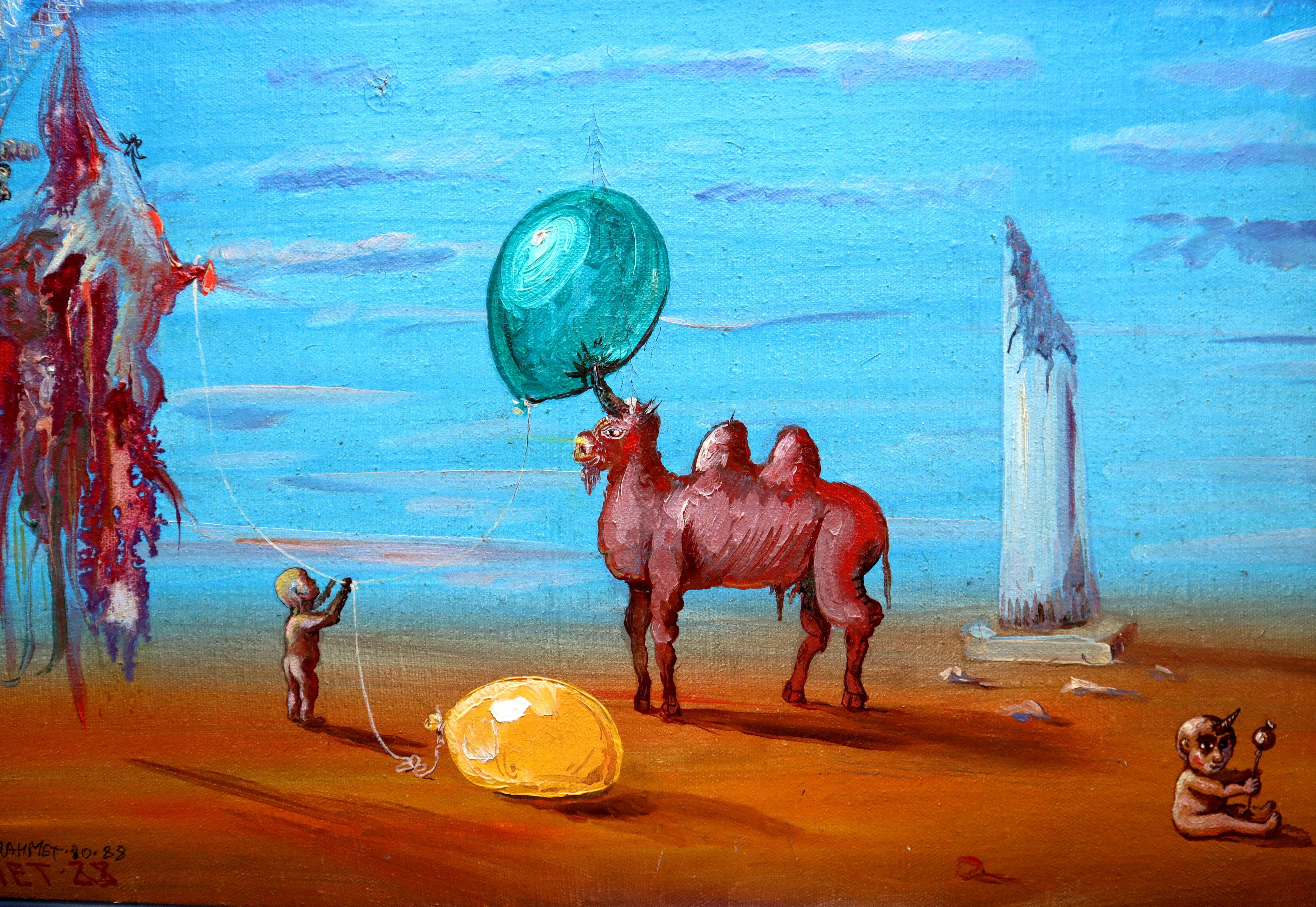 Nel creare quest'opera d'arte, ho cercato di fondere il surrealismo con la pop art per evocare curiosità e meraviglia. La vivace scena è caratterizzata da un cammello stravagante a più zampe legato a un pallone vibrante, in contrasto con il blu