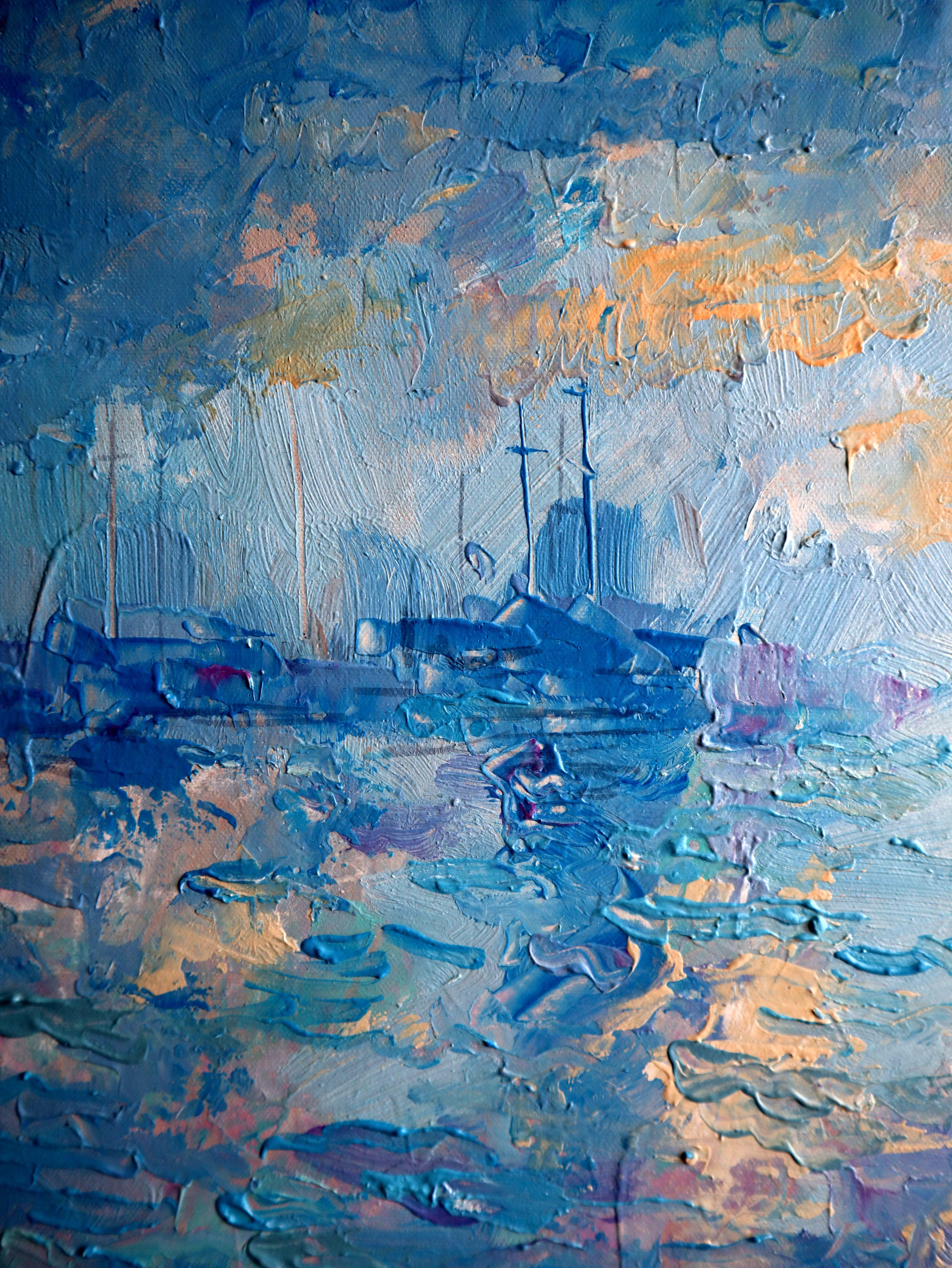 I've channeled the magic of changing lights and the fluidity of water into this creation, using acrylic and oil for depth and texture. Inspired by expressionism and impressionism, the piece embodies the chaotic beauty of a bustling marina, capturing