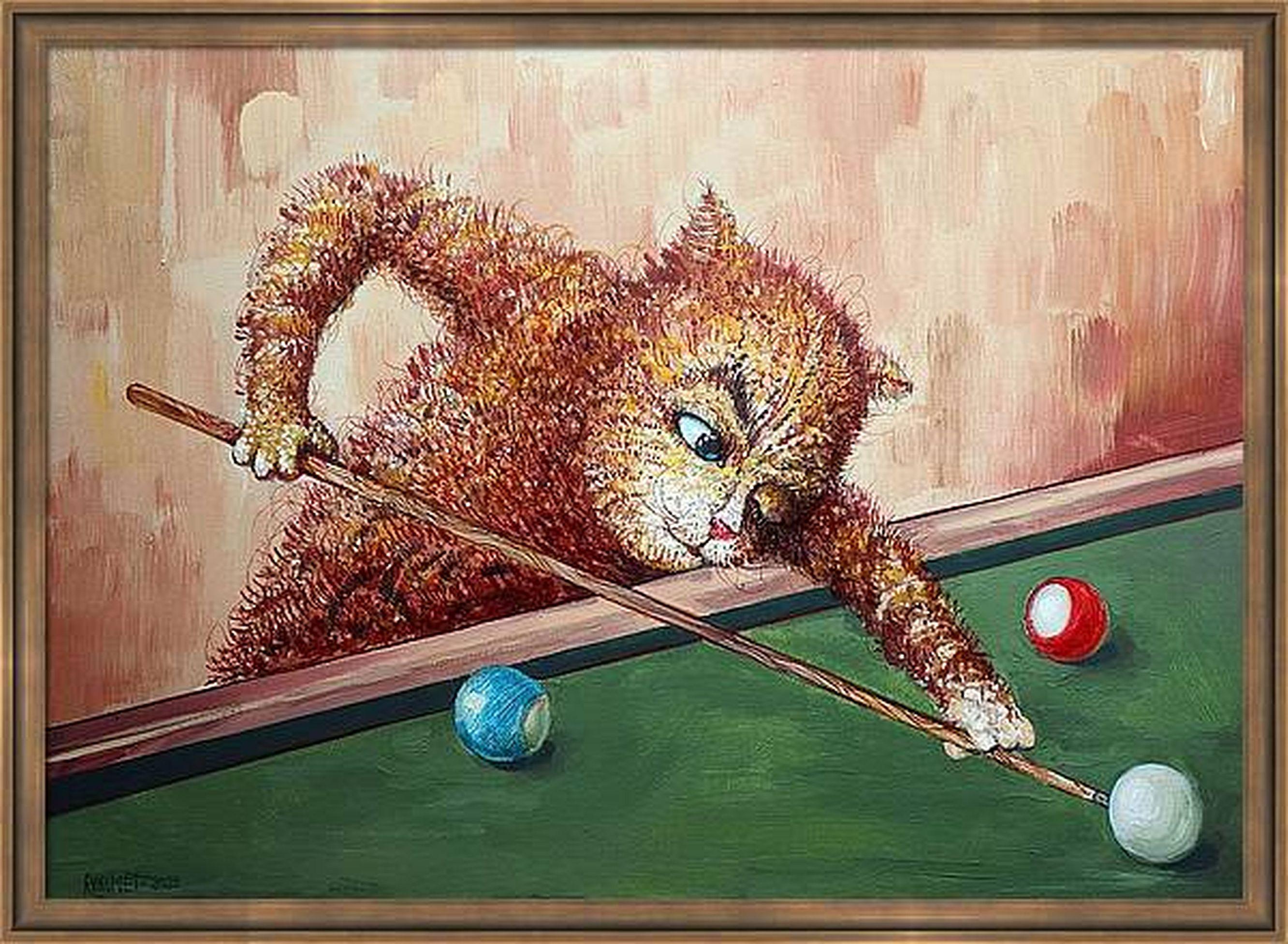 In this vibrant fusion of pop art and expressionism, I've embraced the kinetic energy of a billiard player in mid-stroke. The textures and contrasts achieved through my spirited brushwork with acrylic and oil create a palpable tension. The