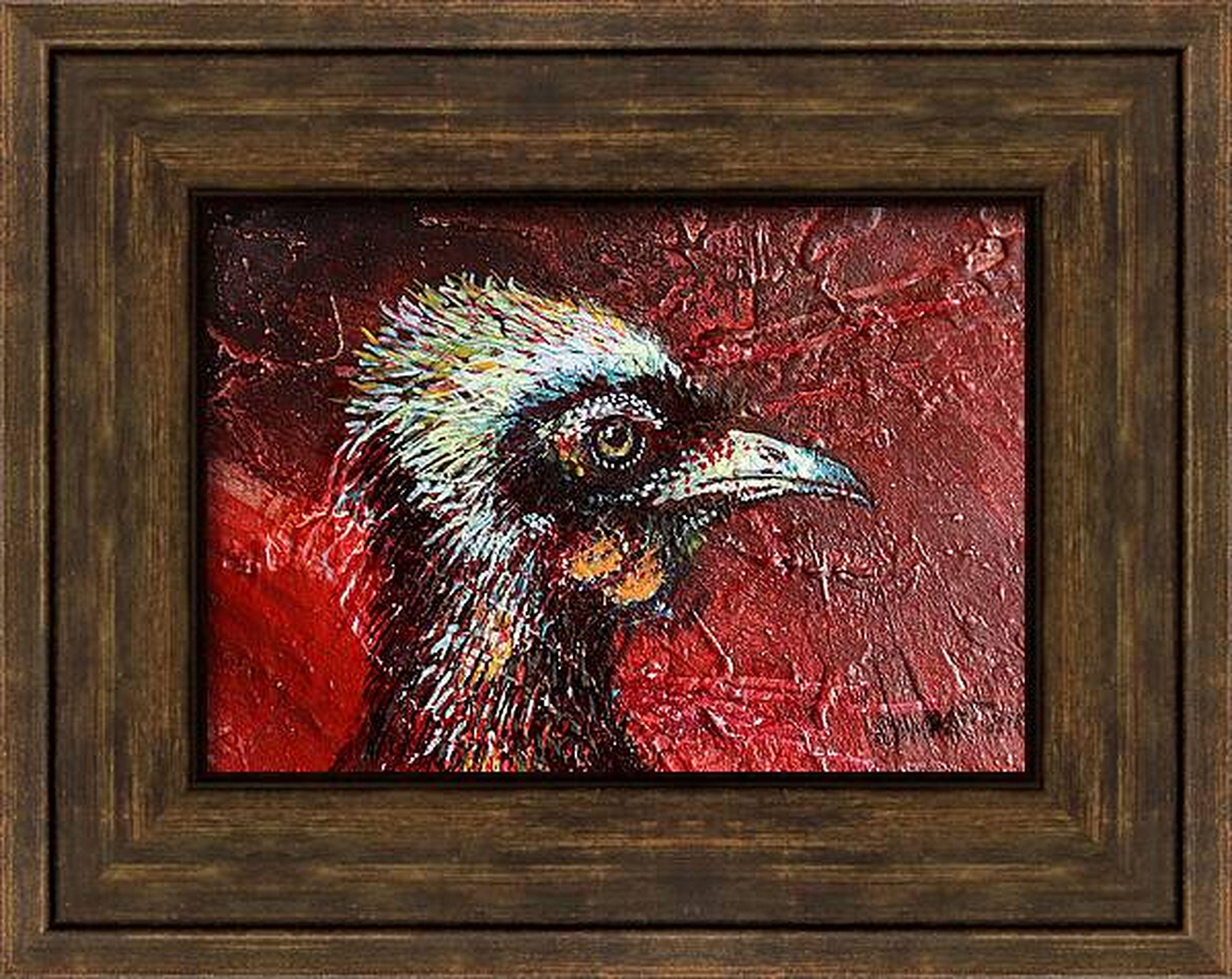 In this vibrant fusion of acrylic and oil, I harnessed the raw, emotive power of expressionism with the subtle delicacy of impressionism to capture the essence of resilience and vigilance in my bird's gaze. The vigorous strokes and bold red backdrop