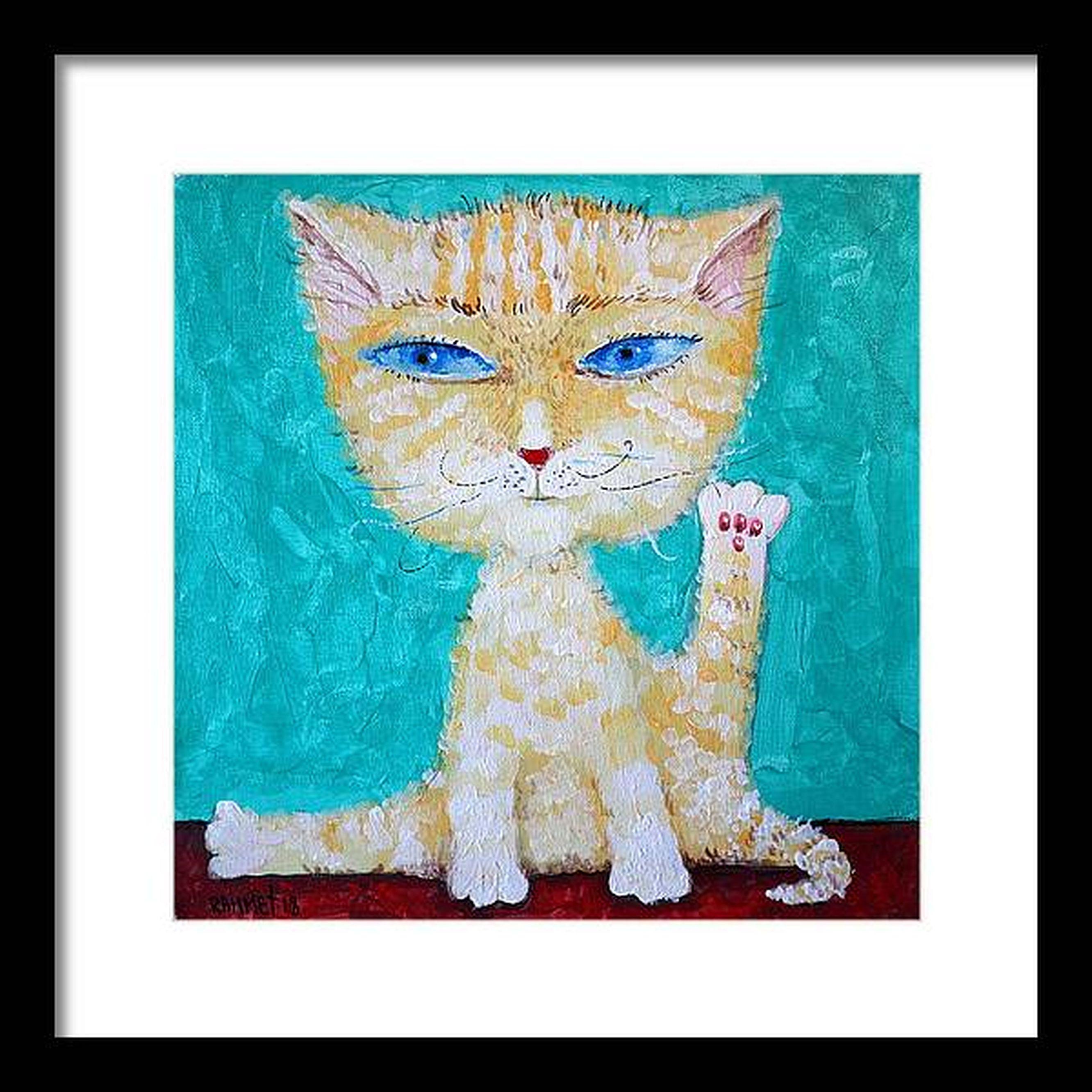In meiner lebhaften Kreation habe ich die Launenhaftigkeit der naiven Kunst mit der Kühnheit der Pop-Art vermischt. Mit Pinselstrichen aus Acryl und Öl habe ich eine einladende Katzenfigur geschaffen, deren durchdringende blaue Augen ein Fenster zur