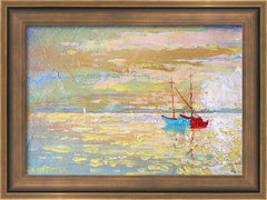 Blue Boat , Seascape Painting, Impasto, 20x28 cm, New