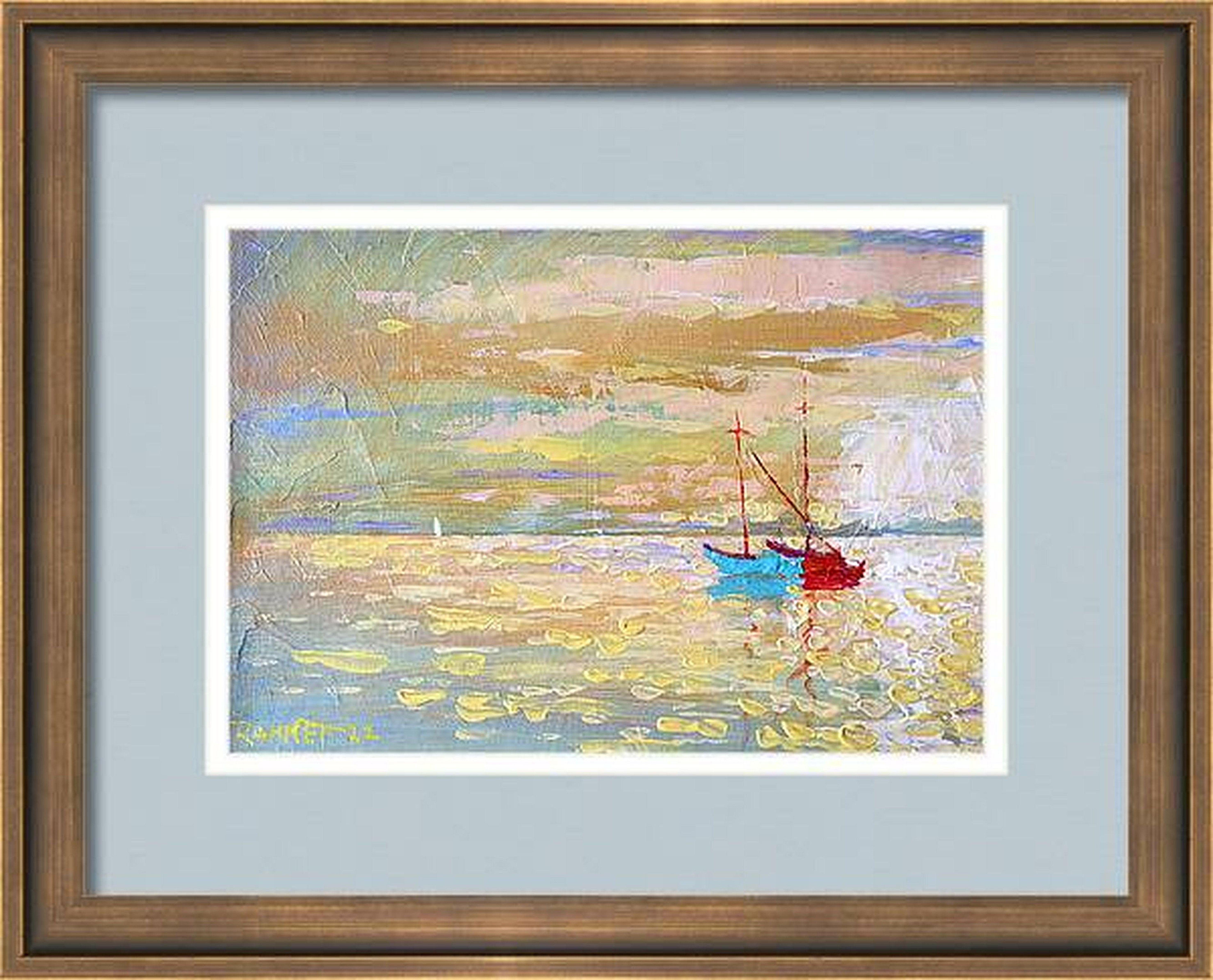 Blue Boat , Seascape Painting, Impasto, 20x28 cm, New