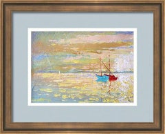 Blue Boat , Seascape Painting, Impasto, 20x28 cm, New