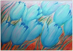 Blue Tulips. Spring : paper, oil pastel, 70x100cm. Very Thick paper