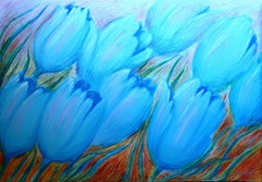 Blue Tulips. Spring : paper, oil pastel, 70x100cm. Very Thick paper