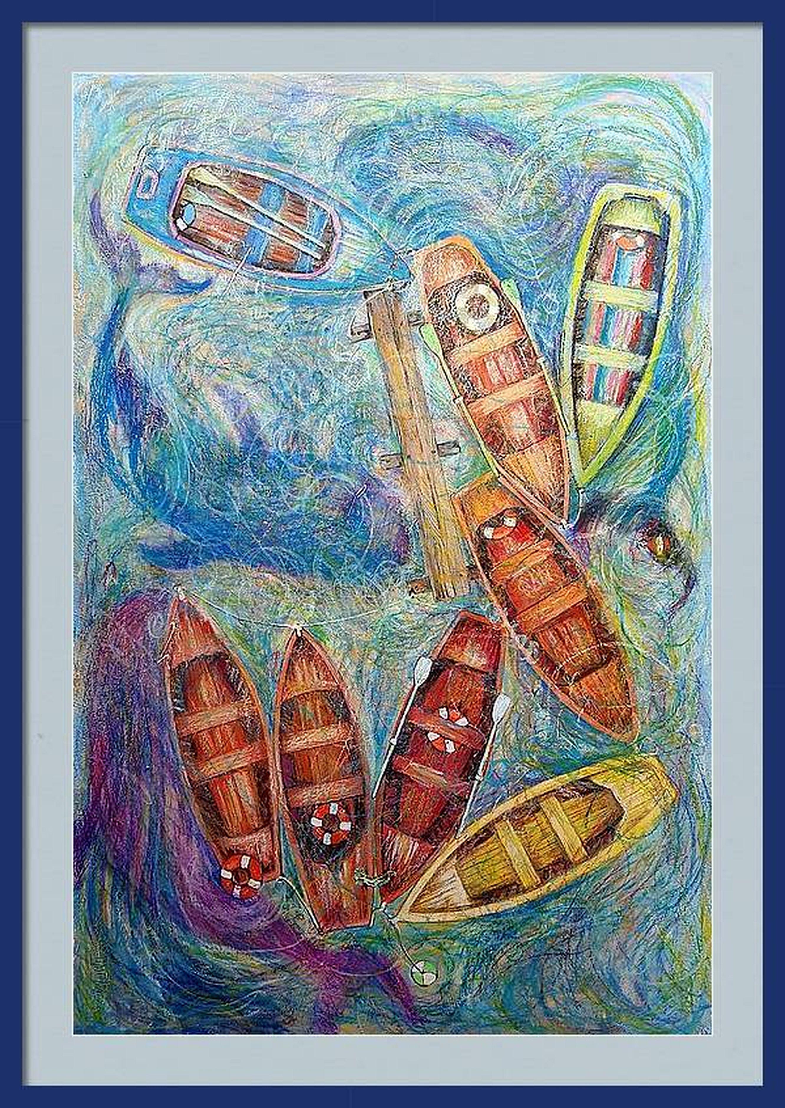 Boats in the Bay - Gray Portrait Painting by RAKHMET REDZHEPOV (RAMZI)