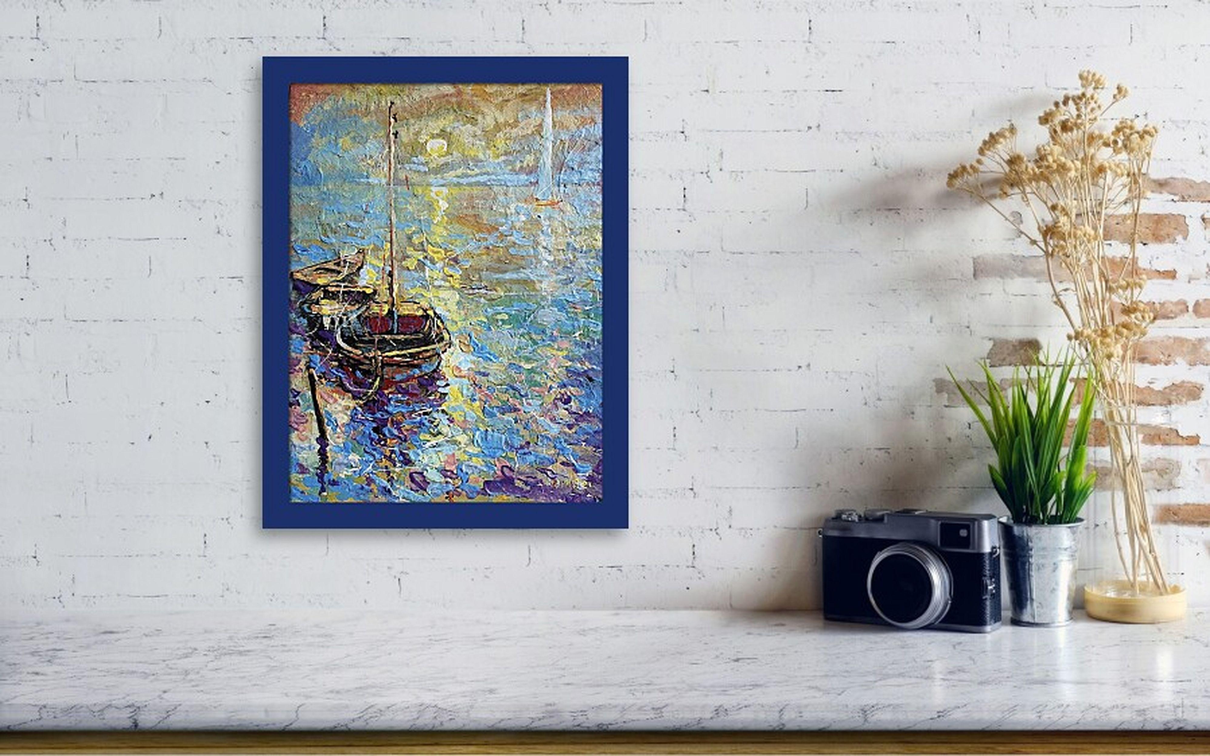 Barche nella Old Bay - Abstract Painting Grigio di RAKHMET REDZHEPOV (RAMZI)