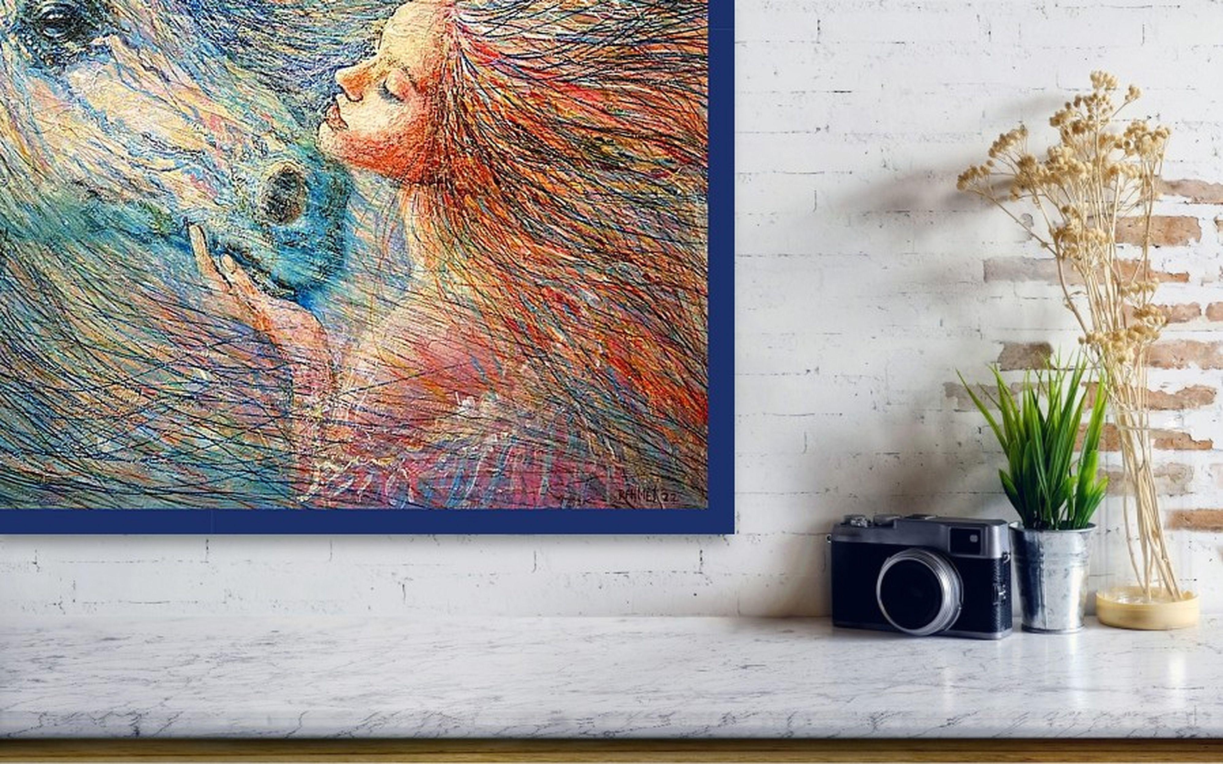 In this vibrant fusion of impressionism and realism touched by pop art flair, I blended acrylics, oils, and pastels to capture the intimate bond between human and animal. The passionate reds and dynamic strokes convey a deep, emotional connection,