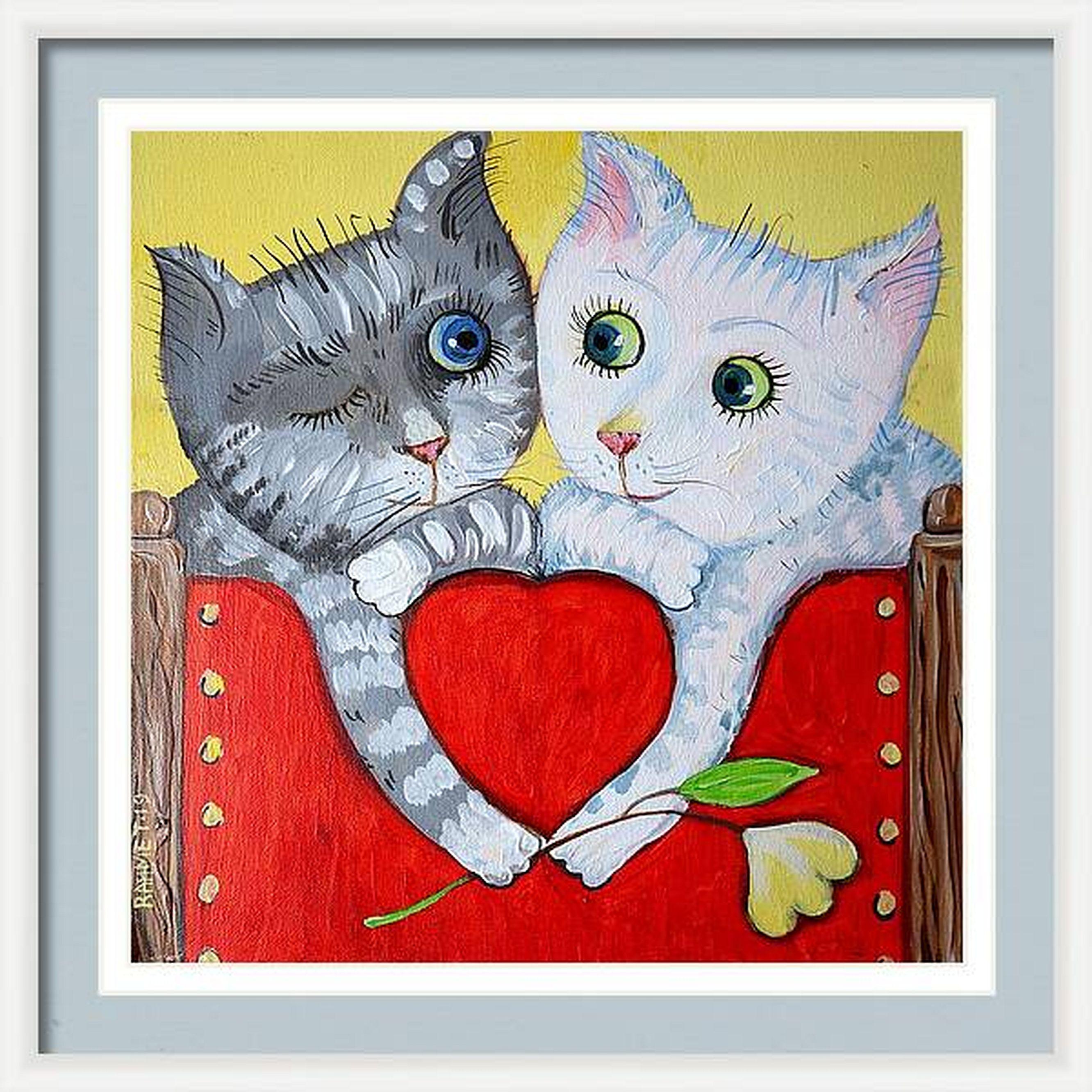 In questa vibrante composizione, ho mescolato con gioia l'impressionismo con la pop art, utilizzando acrilico e olio per dare vita a queste affascinanti figure feline. Il pezzo cattura il calore della compagnia e dell'amore, come simboleggiato dal