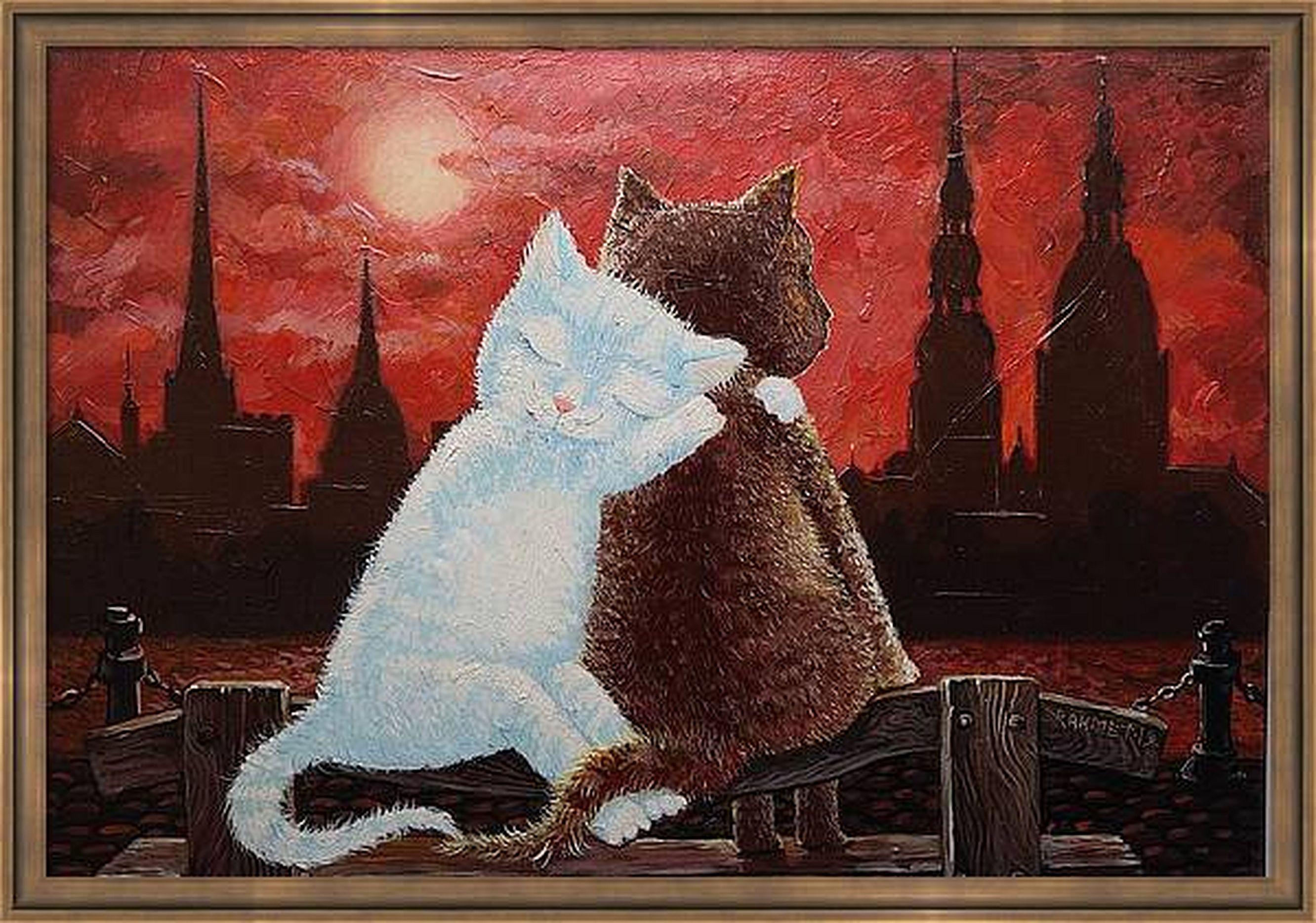 CATS ON THE COAST . Originalgemälde (Pop-Art), Painting, von RAKHMET REDZHEPOV (RAMZI)