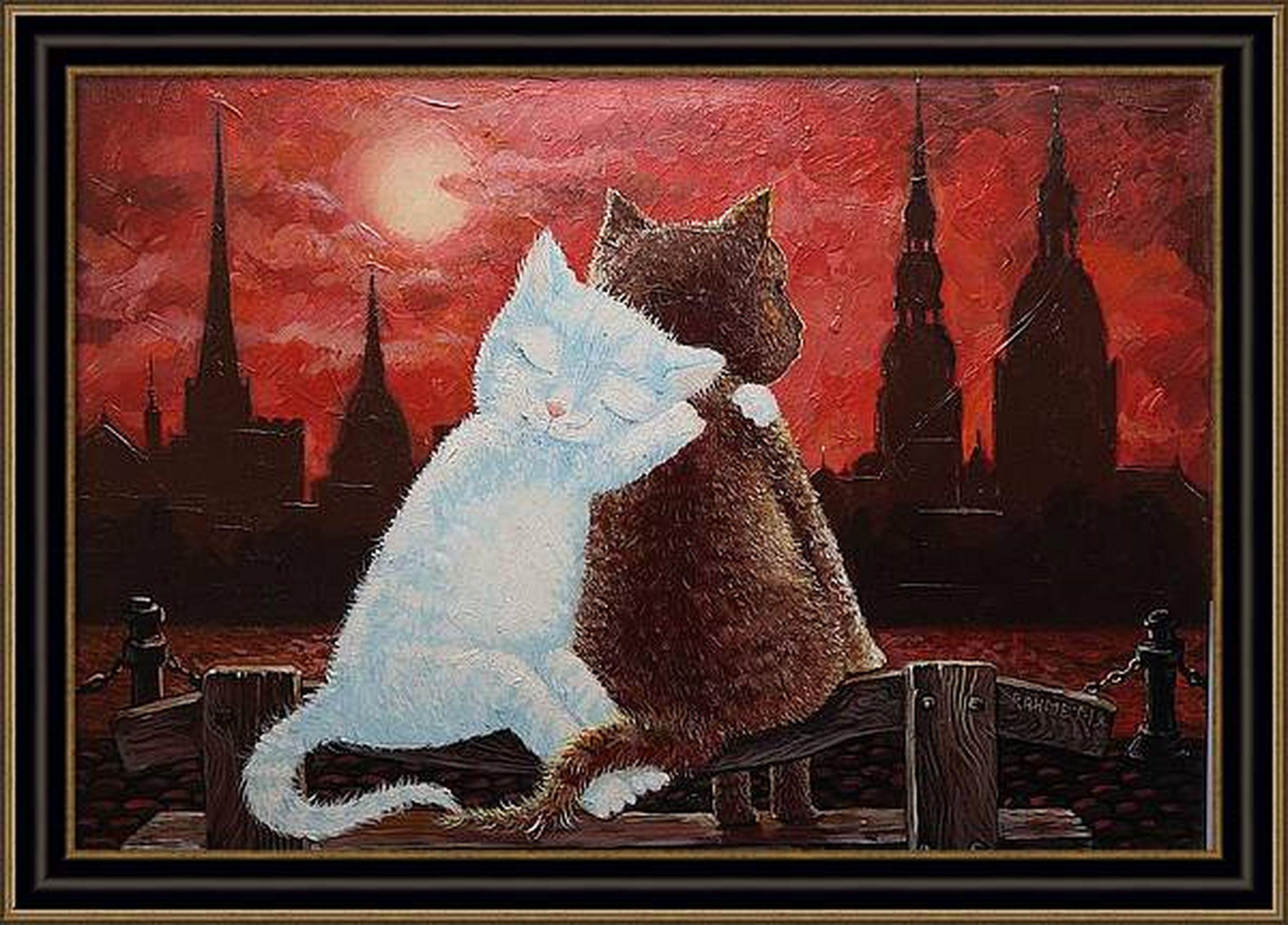 In diesem Acryl- und Ölgemälde habe ich die Lebendigkeit der Pop-Art mit der Tiefe des Expressionismus und der Sanftheit des Impressionismus verbunden, um eine intime Szene einer Katzenfreundschaft einzufangen. Vor dem Hintergrund eines feurigen