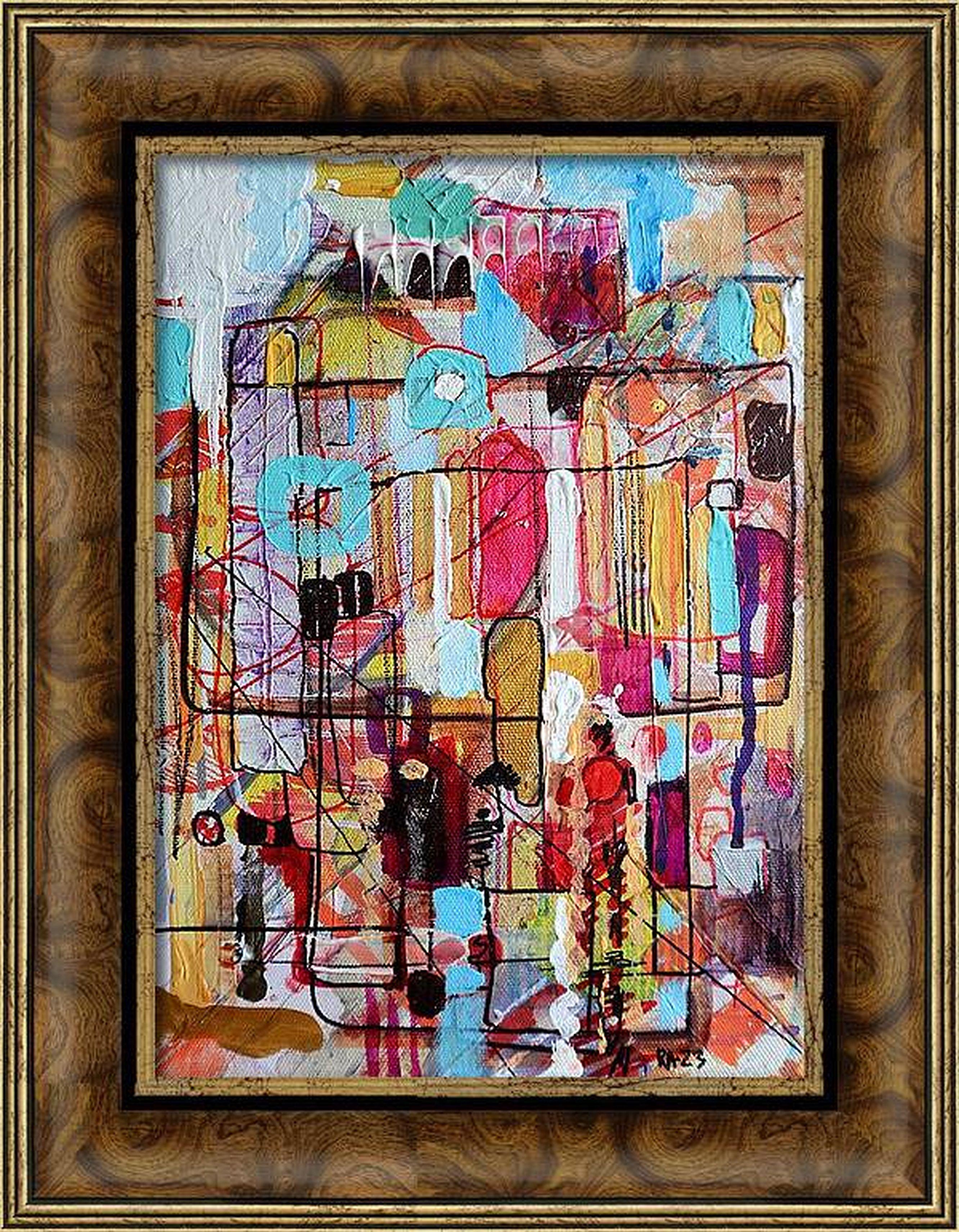 In diesem lebendigen Wandteppich aus Farben und Formen habe ich Acryl, Öl und Buntstifte zu einer abstrakten Stadtlandschaft verschmolzen. Kräftige Farbtöne tanzen mit ausdrucksstarken Linien und spiegeln eine emotionale Reise durch eine urbane