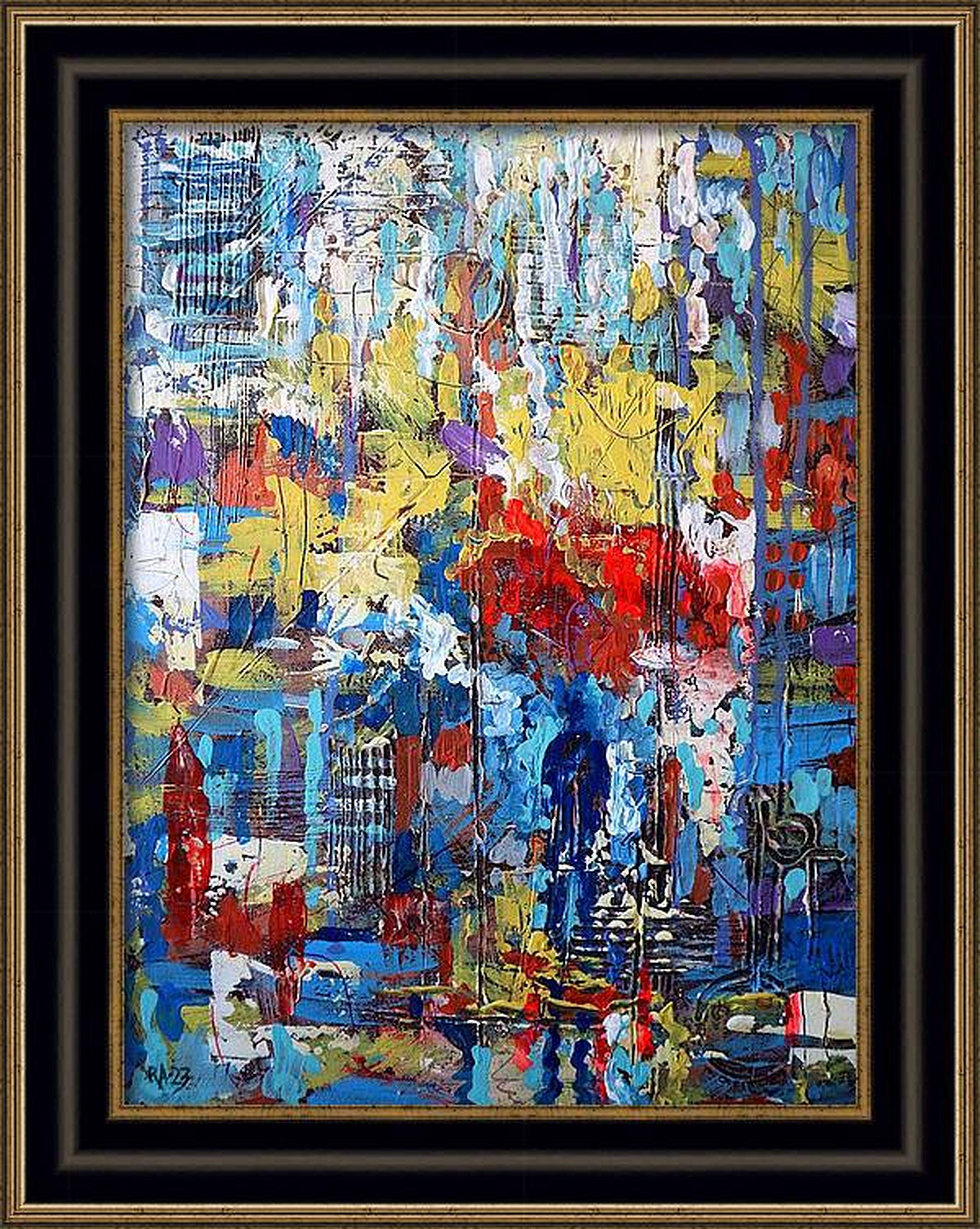 In diesem lebendigen Wandteppich aus Farben und Texturen habe ich Acrylfarben, Ölfarben, Ölpastellkreiden und Bleistifte miteinander verschmolzen, um eine Symphonie des Stadtlebens auszudrücken - chaotisch und doch harmonisch. Abstrakte Striche und