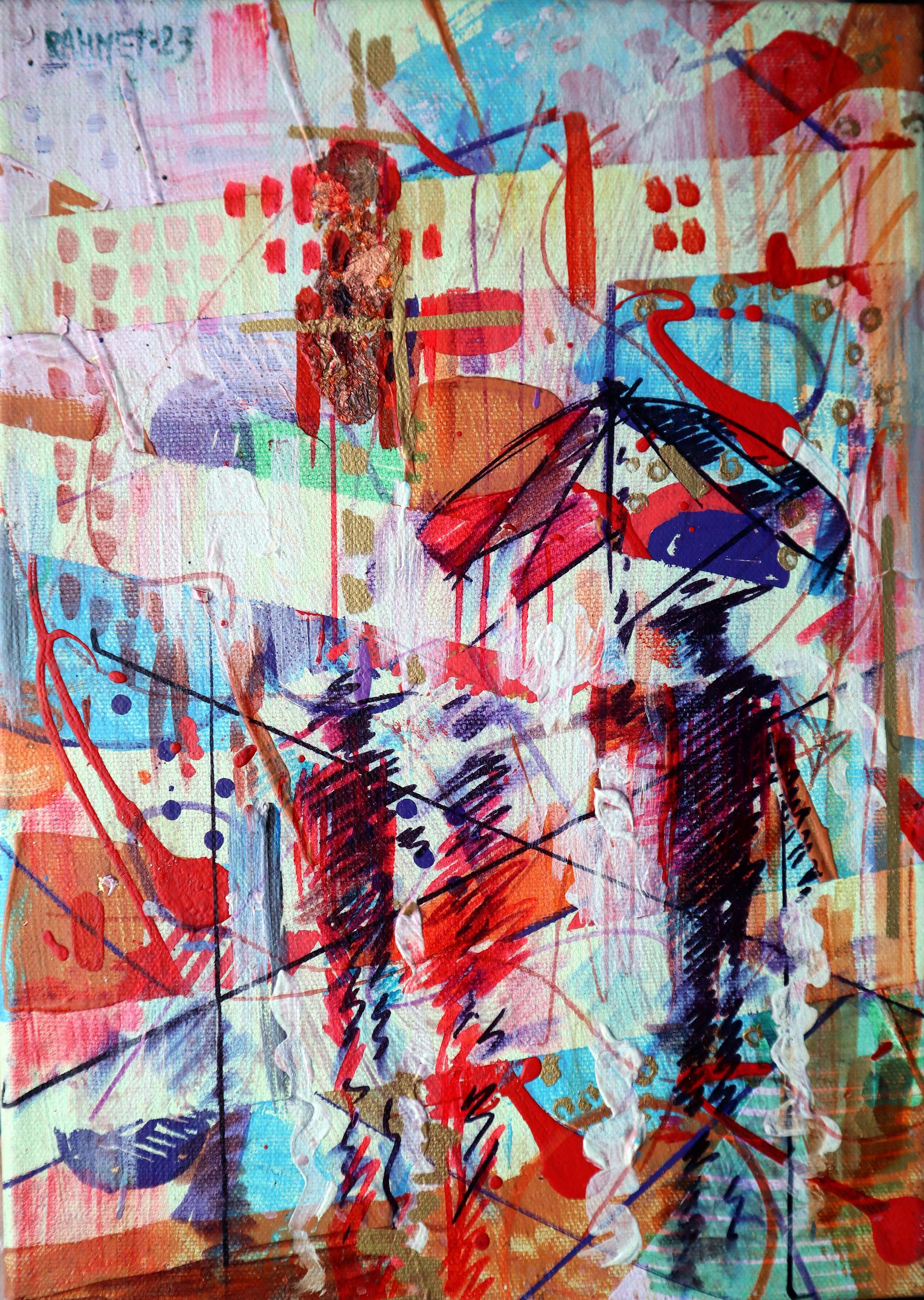 In diesem lebendigen Wandteppich aus Farbe und Textur habe ich meine Seele in die Schaffung einer visuellen Symphonie gesteckt, die mit der Freiheit der Abstraktion und der rohen Intensität des Expressionismus singt. Jeder Acrylstrich, jeder Ölfleck