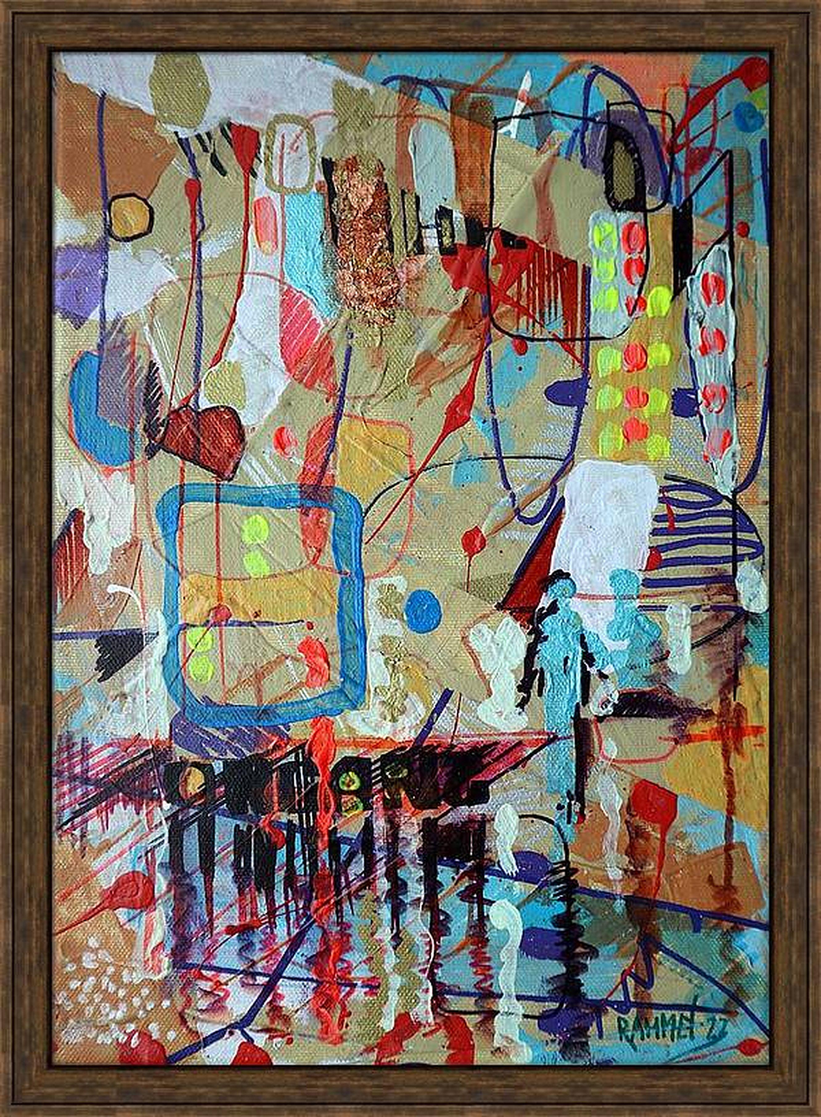 In diesem Gemälde webe ich mit Acryl, Öl und Buntstiften einen Wandteppich der Gefühle. Die abstrakten Formen und expressionistischen Pinselstriche vermitteln einen lebendigen Tanz aus Freude, Melancholie und Introspektion. Symbolische Elemente