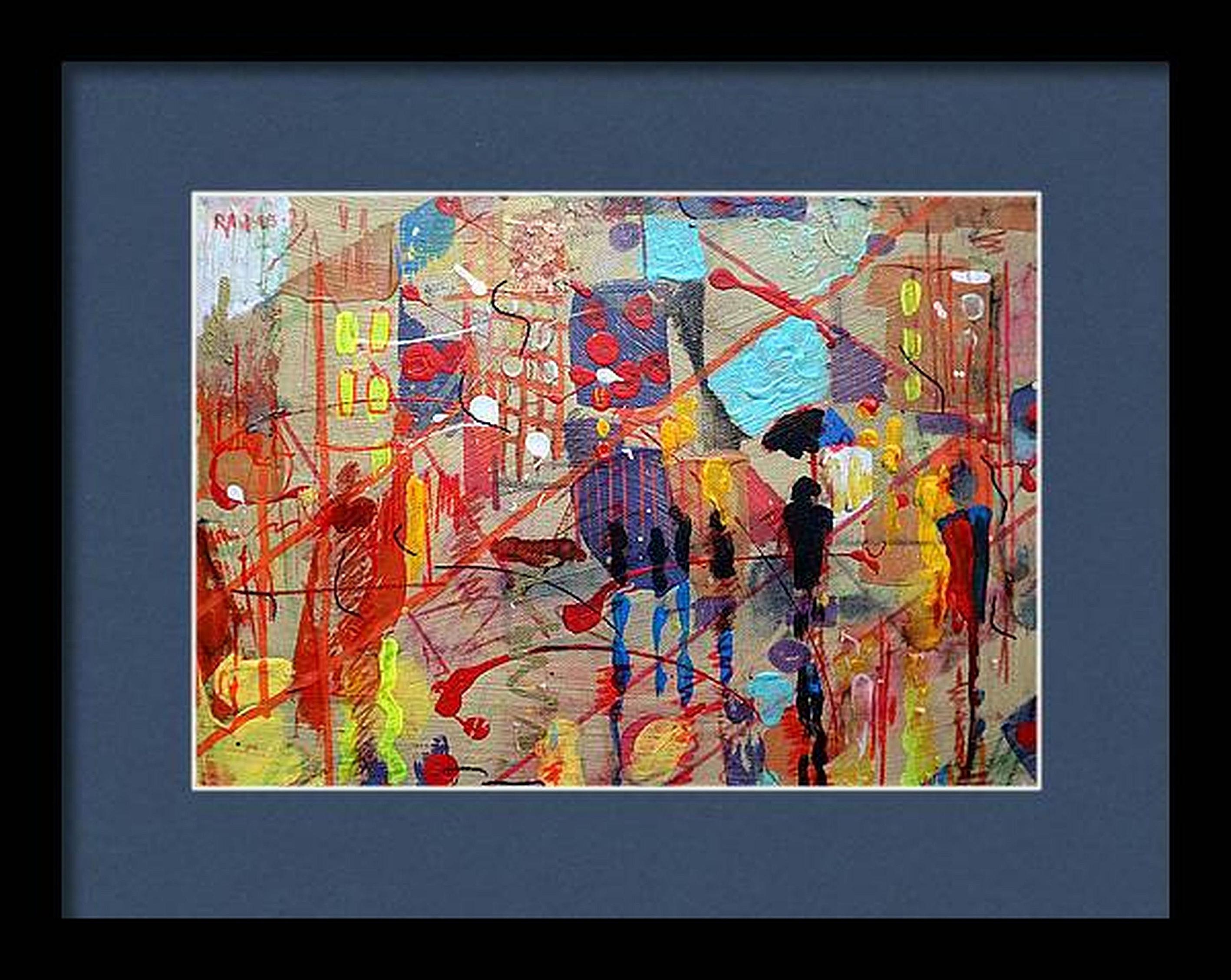 Bei der Schaffung dieses Werks habe ich meine Seele in einen Tanz der Farben und Formen gesteckt. Mit Acryl, Öl und Buntstiften habe ich mich dem abstrakten Expressionismus verschrieben, um die geschäftige Energie des städtischen Lebens einzufangen.