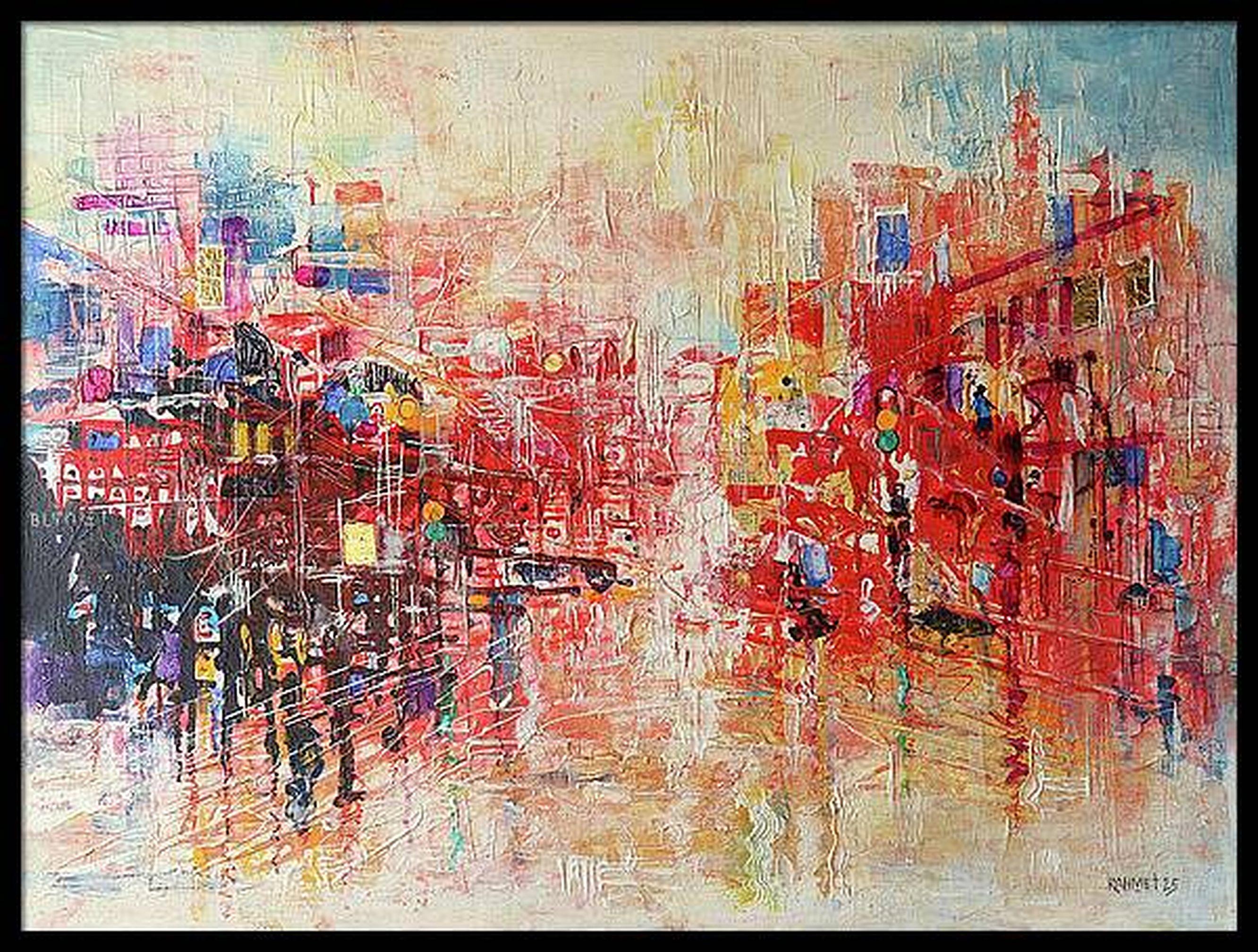 In dieser energiegeladenen Kreation habe ich Acryl- und Ölfarben gemischt, um die lebhaften Nachwirkungen des Regens in einer belebten Stadtlandschaft einzufangen. Dieses Werk schwelgt im Chaos und in der Lebendigkeit des städtischen Lebens,