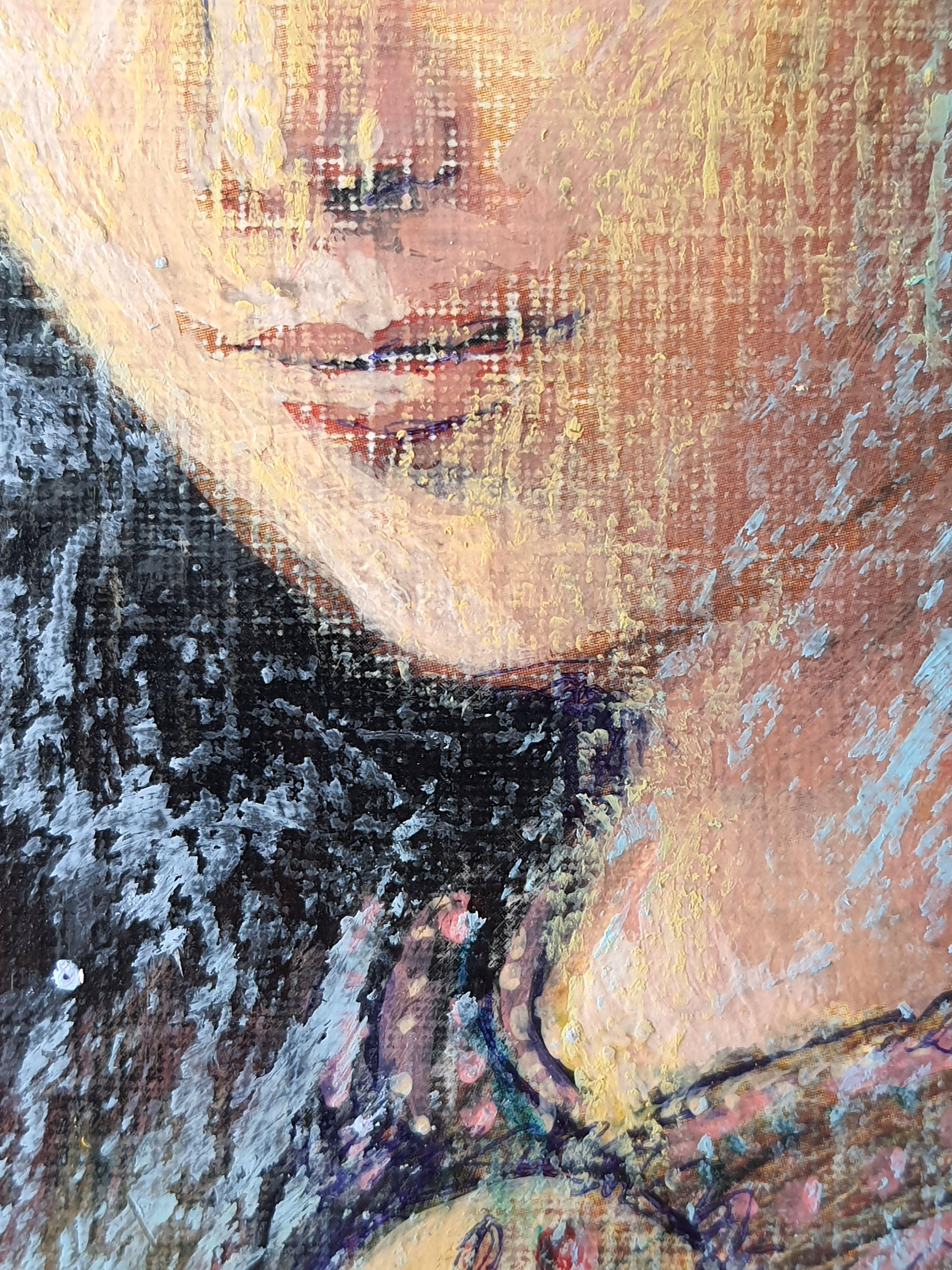 In diesem Werk habe ich mit Pastellkreide, Bleistift und Farbstift einen Wandteppich aus Emotionen auf eine Leinwand aus Träumen gewebt. Ich habe die Klarheit des Realismus, die Rätselhaftigkeit des Surrealismus, die Rohheit des Expressionismus und