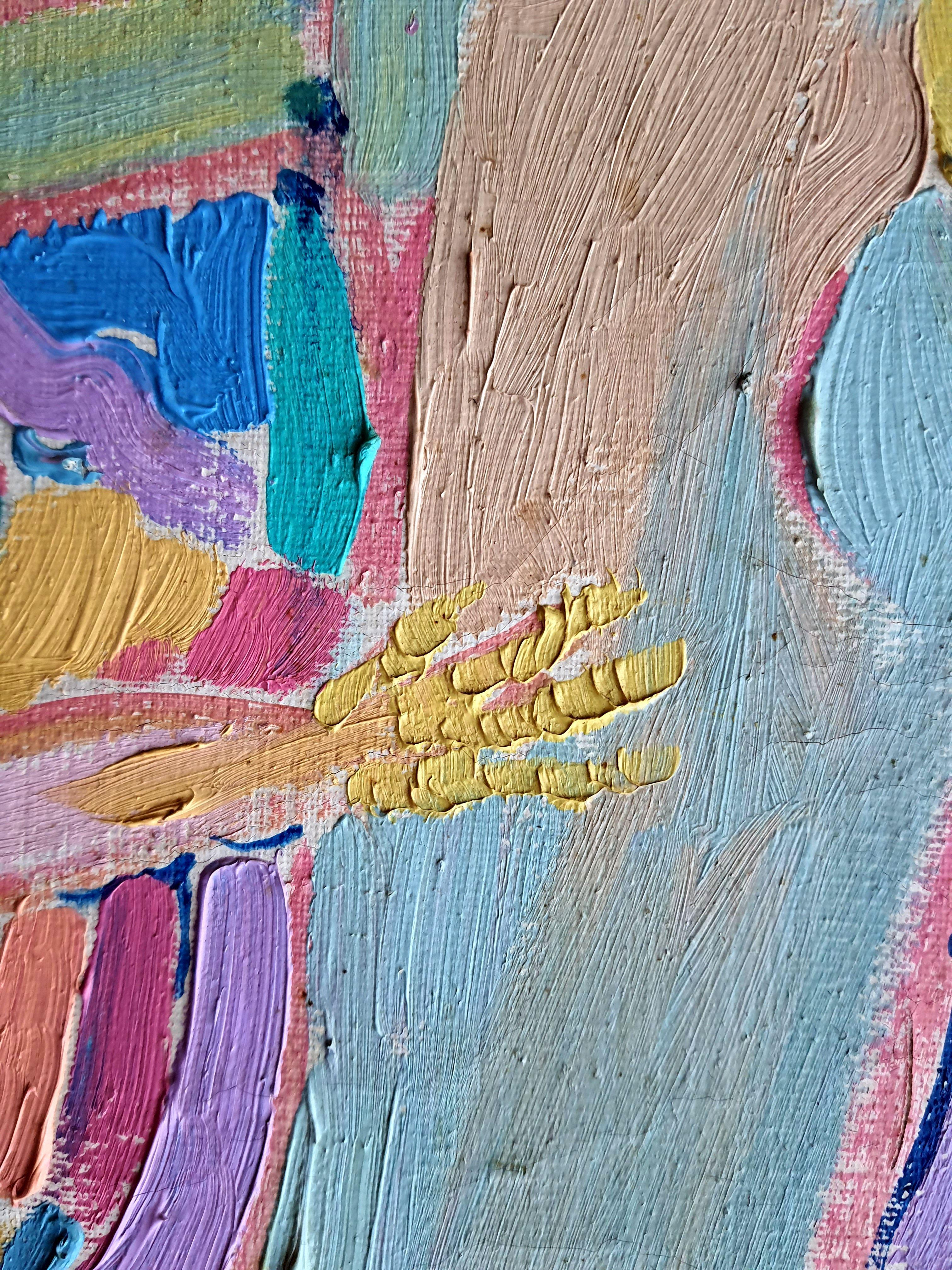 In questo vibrante dipinto a olio, ho scatenato un'ondata di energia dinamica ed emozione. Le forme astratte si fondono con il fervore espressionista, mentre le figure - sintesi di influenze impressioniste e pop art - incarnano il movimento e il