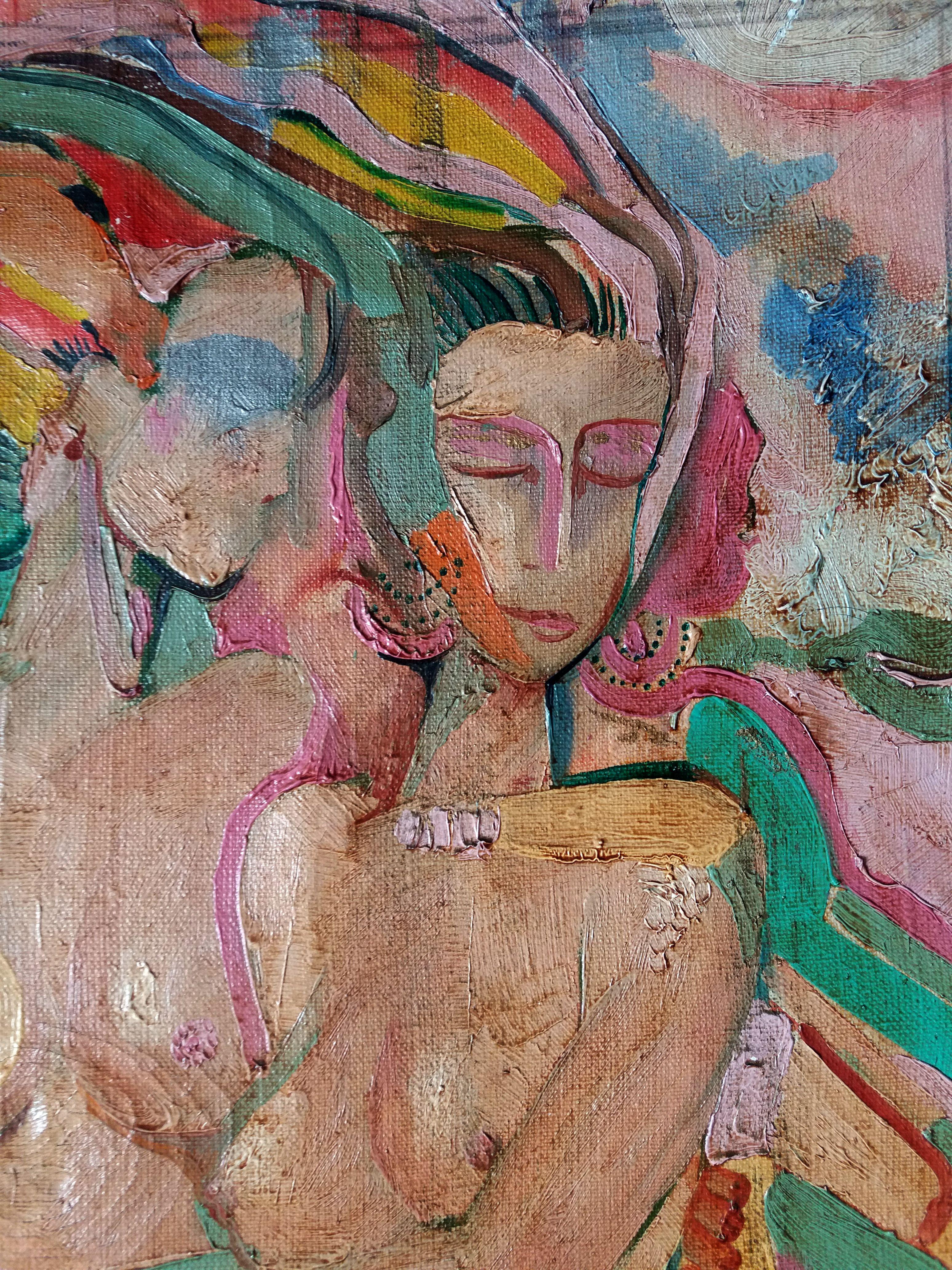 Dans cette toile à l'huile, j'ai fusionné l'expressionnisme et l'impressionnisme pour capturer la pureté de l'émotion. À travers un kaléidoscope de couleurs et de textures, j'invite les spectateurs à un voyage sensoriel - une danse d'ombres et de